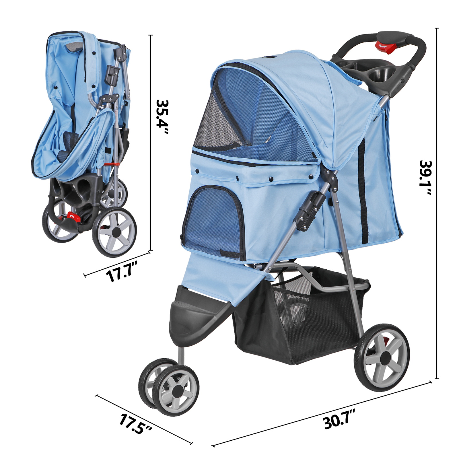 3 Wheels Pet Dog Cat Stroller for Small Medium Dogs Cats with Cup Holder Blue