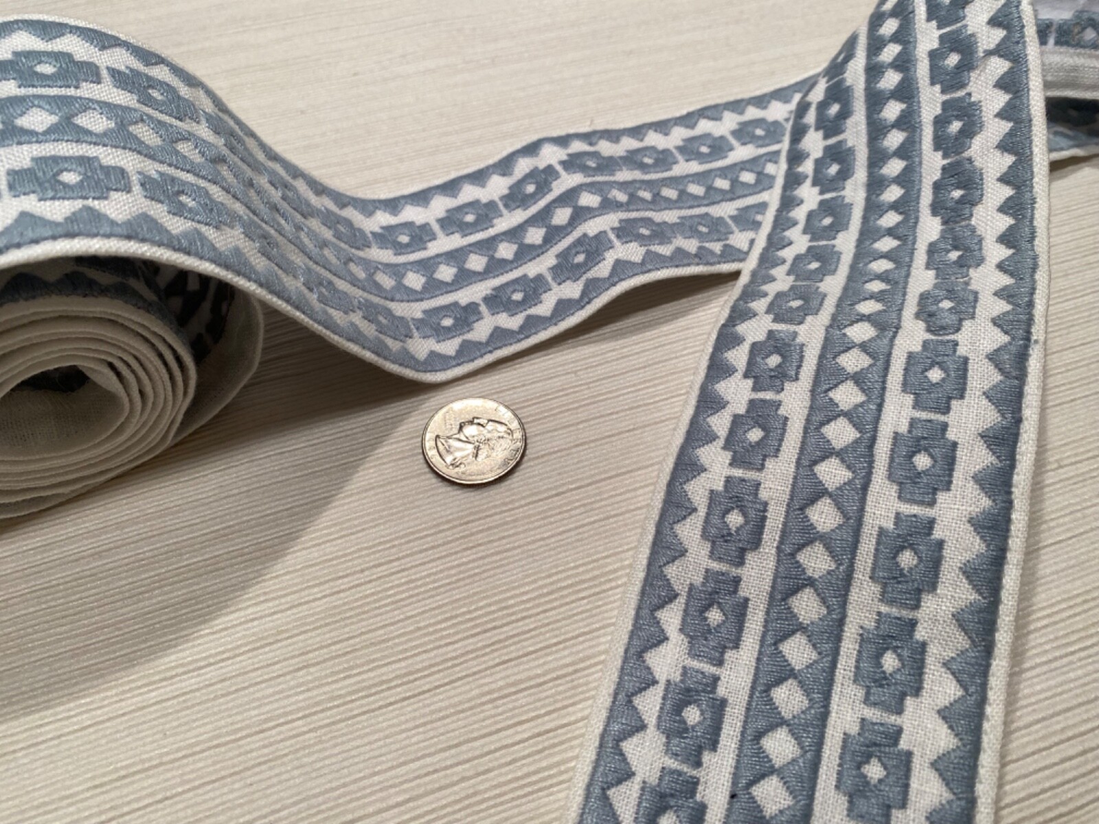 SCHUMACHER 79920 Talitha Tape Sky 85% Linen Embroidered Passementerie Trim BTY