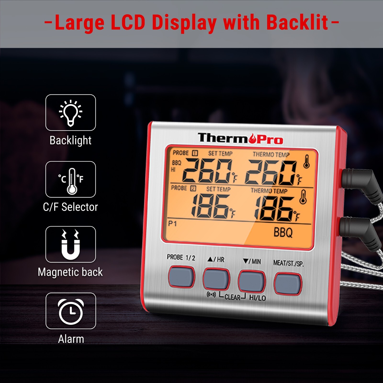 ThermoPro TP17W Thermometer Dual Probe Digital Cooking Grill Thermometer w/Timer