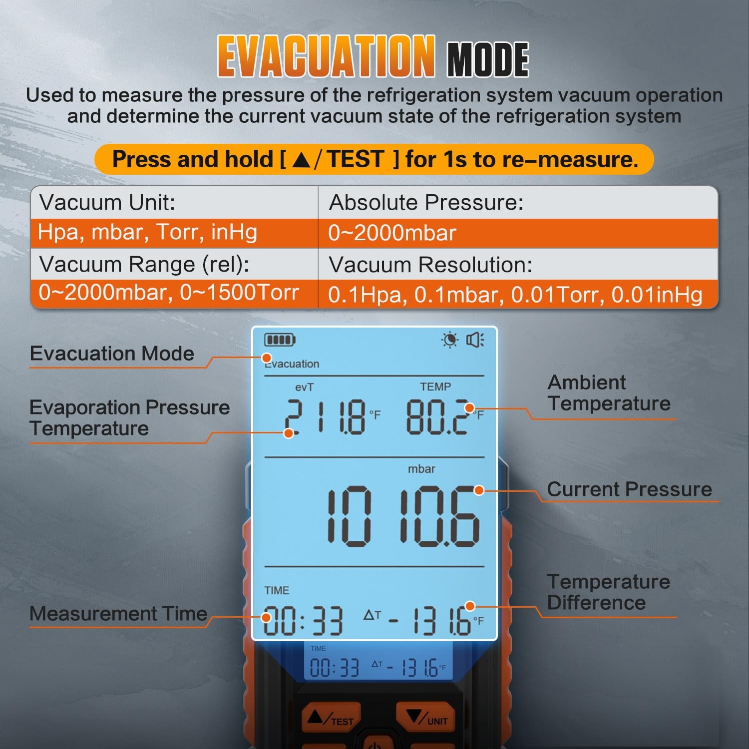 Digital Vacuum Gauge HVAC Vacuum Meter Pressure Leak Tester 0-2000 mbar Range