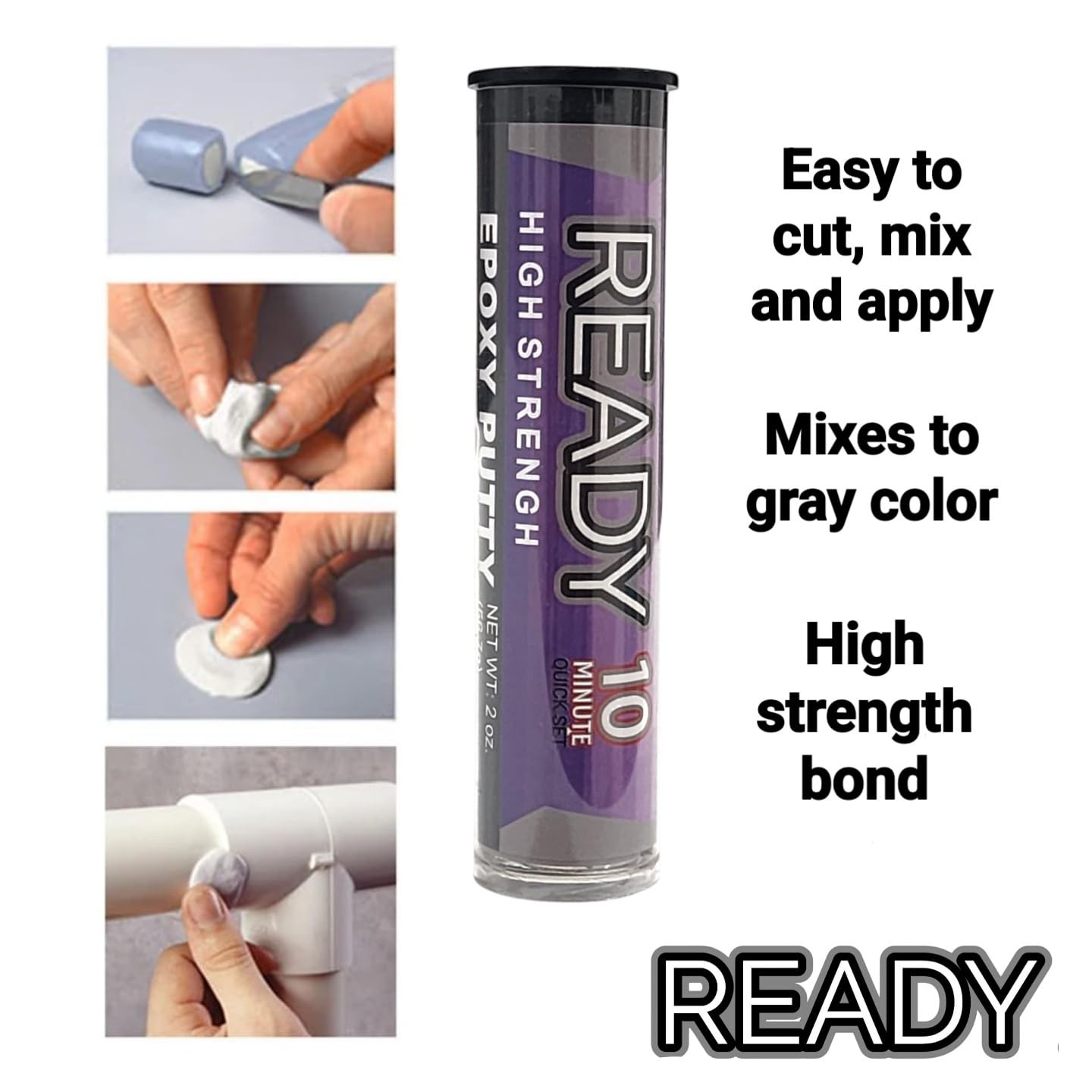 Ready High Strength Premium Epoxy Putty, 10 Minute Quick Set, Gray when mixed