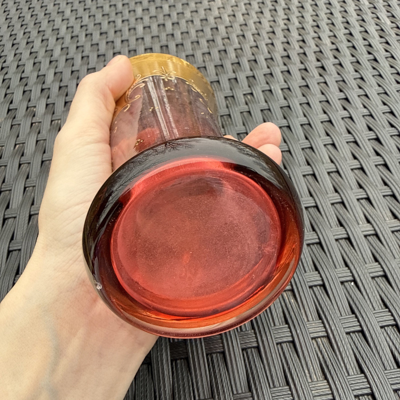 BOHEMIA CZECH REPUBLIC GOLD HIGH ENAMEL CRANBERRY HANDMADE CRYSTALEX VASE