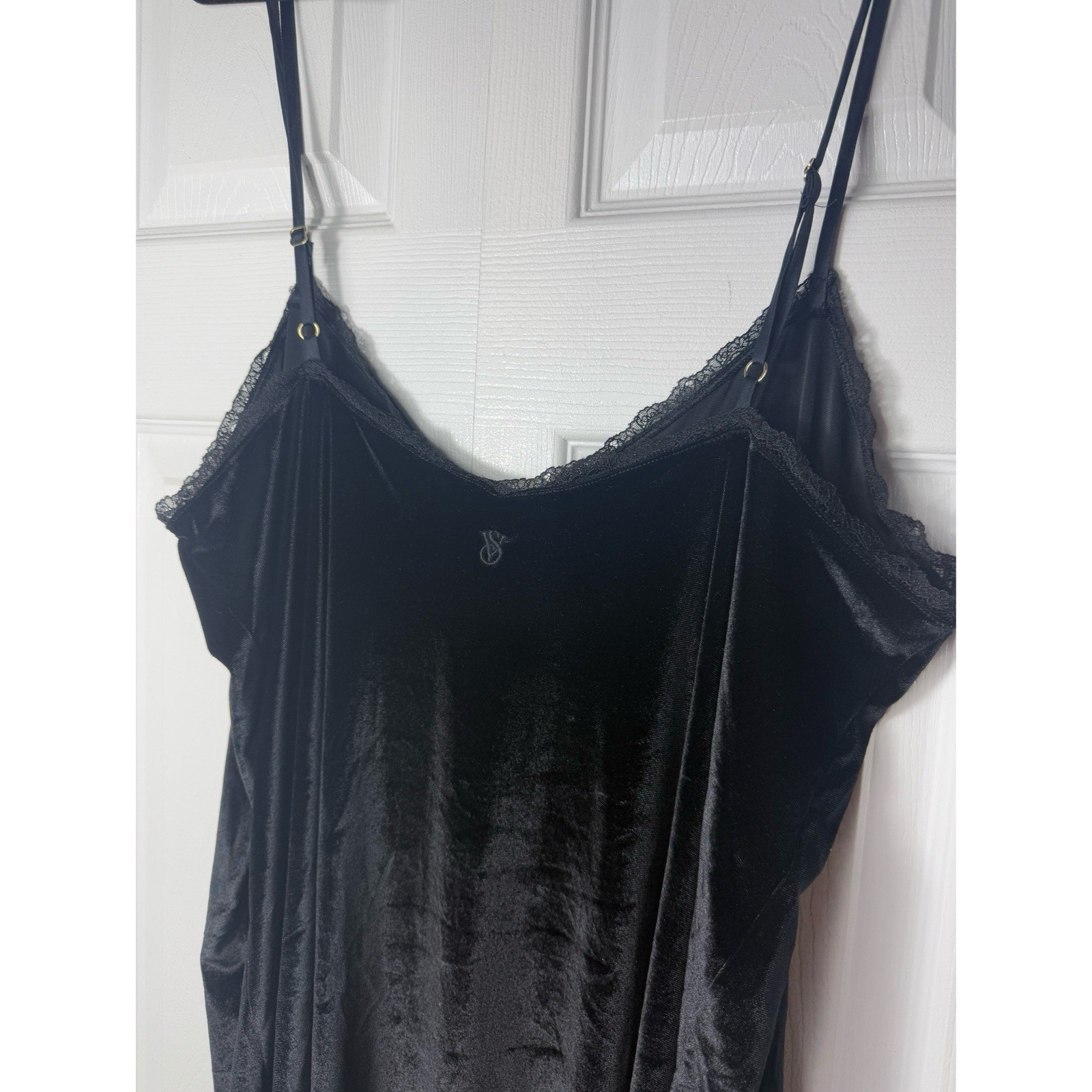 Victoria’s Secret Black Velvet Lace Trim Chemise Slip Dress Nightgown Size XL