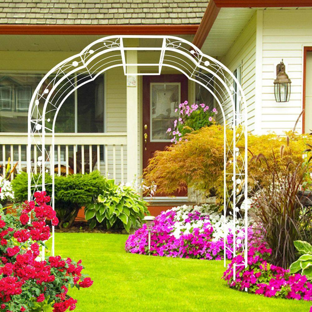98.5 In. X 74.4 In. Cream White Metal Garden Arch-Outdoor Arbor Trellis for Clim