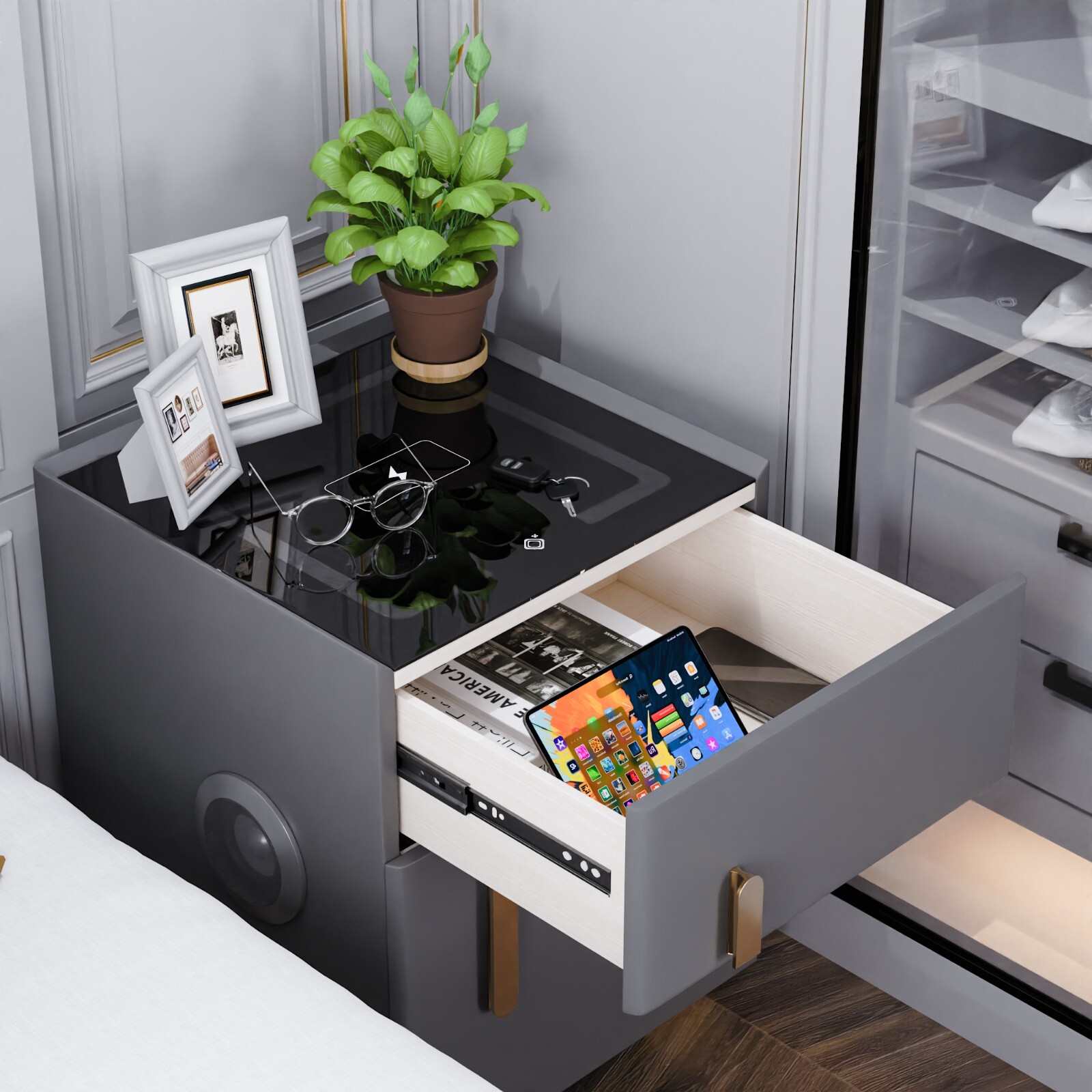 Dark Gray Double Drawer Smart Bedside Table with Safe + Wireless Charging
