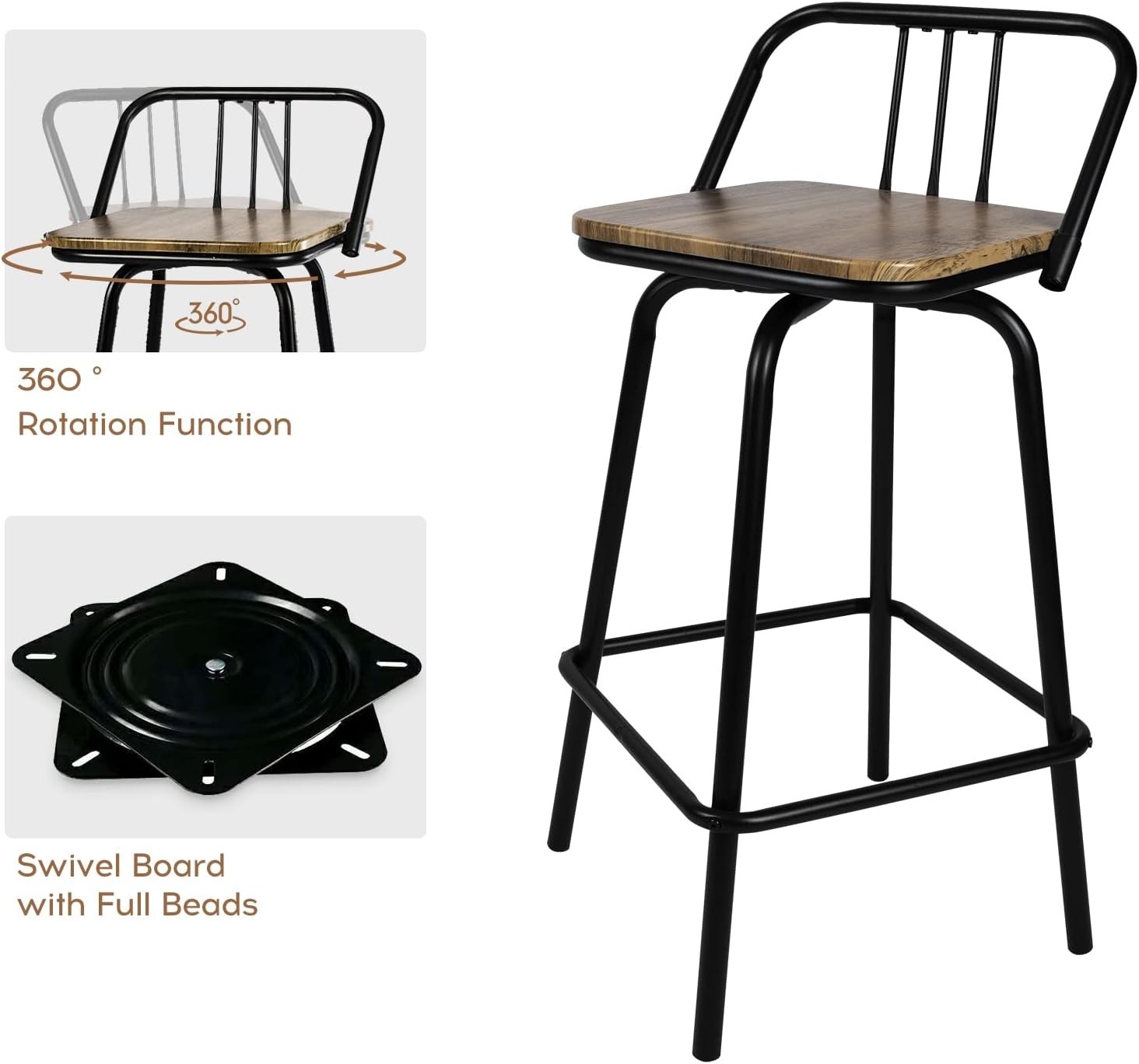 Set of 2 Heavy Duty Swivel Bar Stools /w Low Backrest Square Counter + Footrest