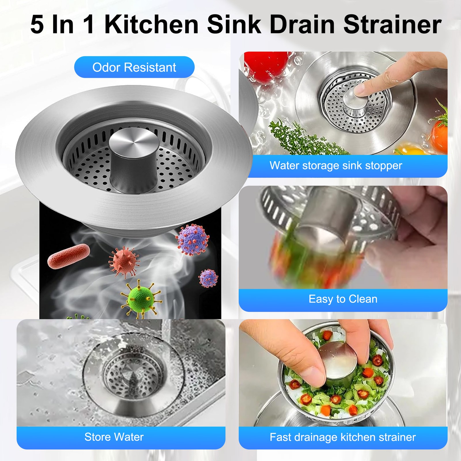 2PCS 5-in-1 Kitchen Sink Drain Strainer Stopper Pop Up Basket Anti-Clog Filter