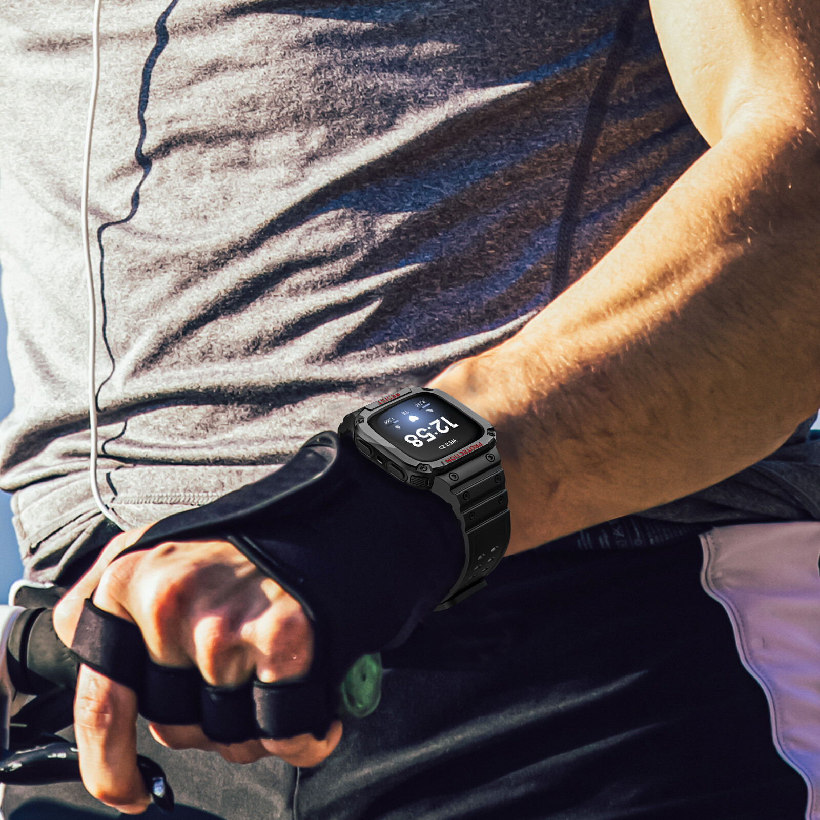 For Fitbit Versa 3/2/1/Lite/Sense Rugged Men Sport Bands with Protective Cover