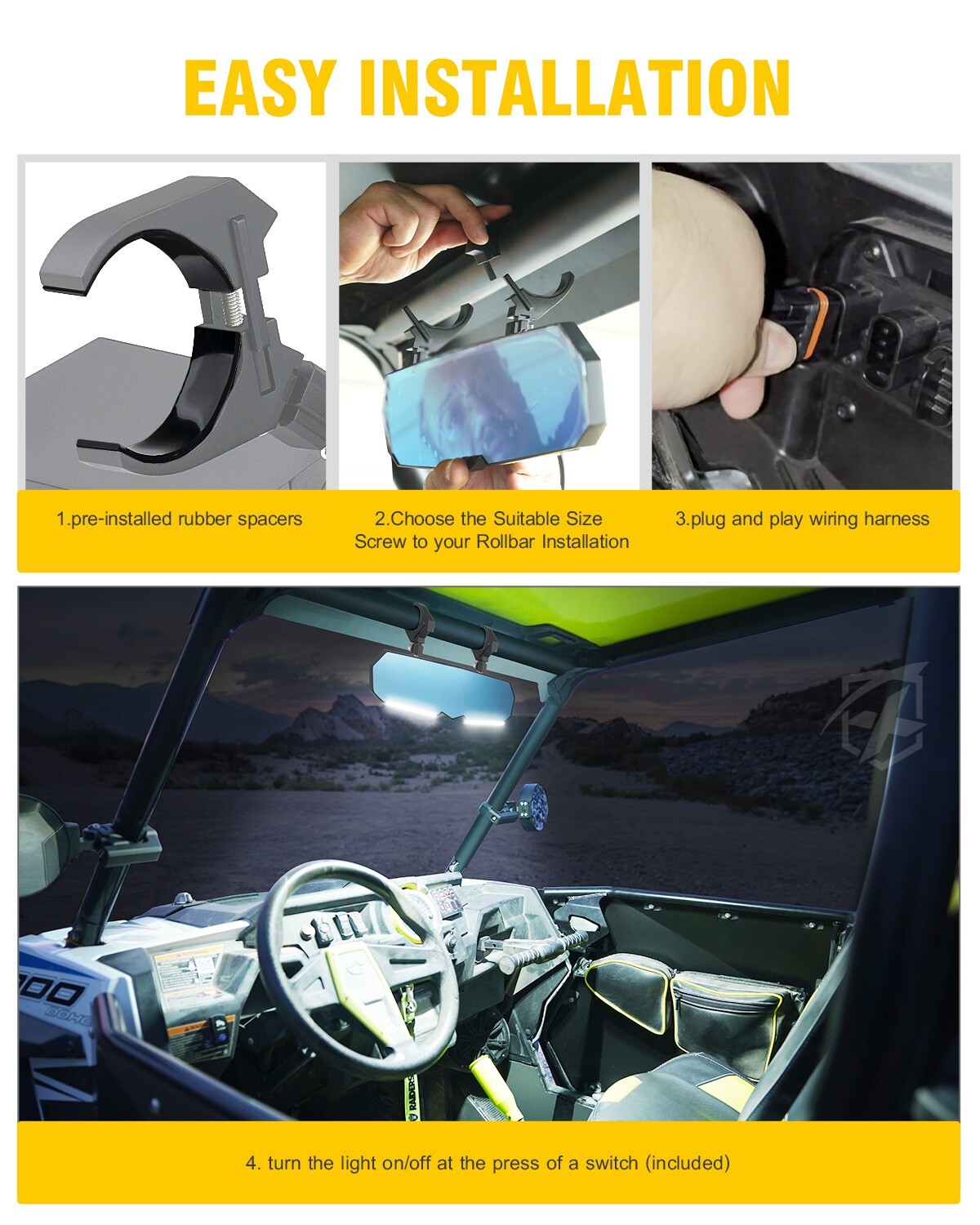 UTV Rear View Center Mirror w/ Light 1.75 - 2" For Polaris RZR XP 1000 Can Am X3