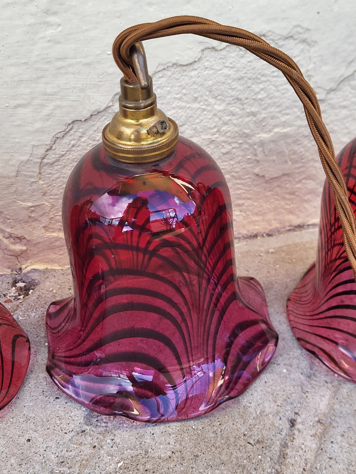 Set Of 4 Vintage Cranberry Swirl Glass Pendant Lamps, Ceiling Roses, Chains