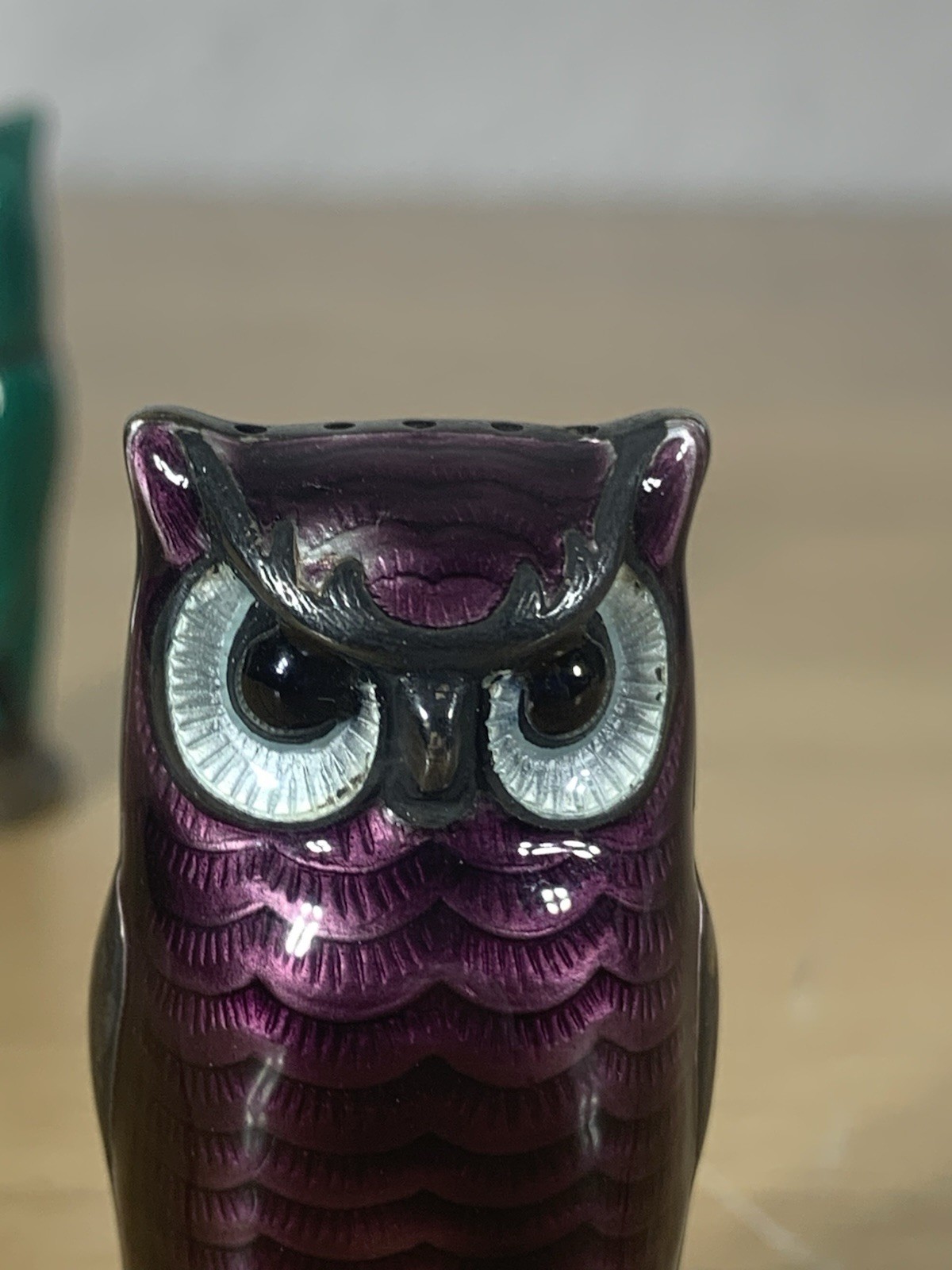 Rare David Andersen Norway 925 Sterling Guilloche Enamel Owl Salt Pepper Shakers