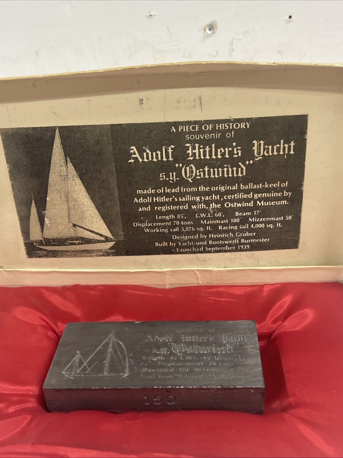 Hitler Lead Ingot S. Y. Ostwind Plaque 4” X 2”1/2" #150 With Original Box