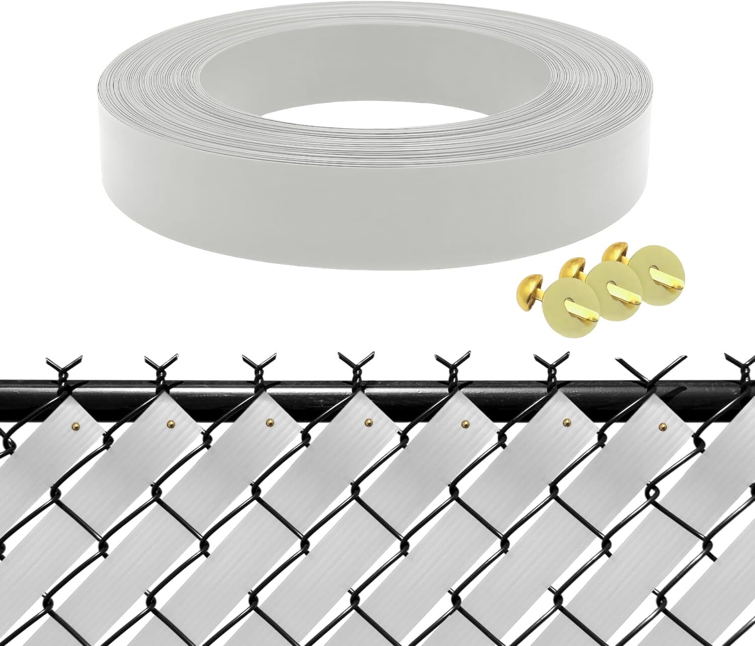 Chain Link Fence Privacy Slats Tape w/ Brass Fasteners, White, 1.8 in x 250 ft