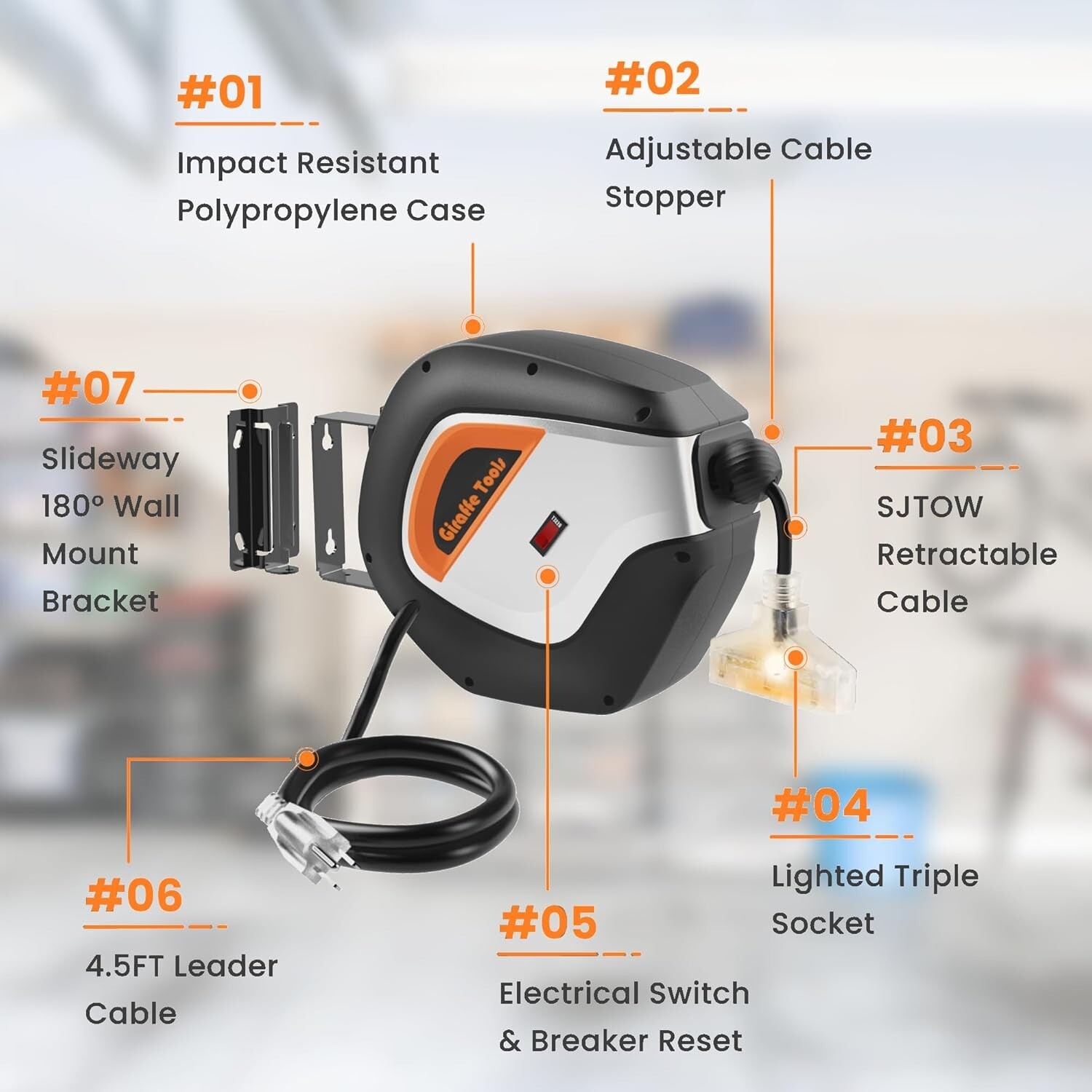 Giraffe Tools Electric Cord Reel Retractable Extension Power Cord 12AWG/3C SJTOW