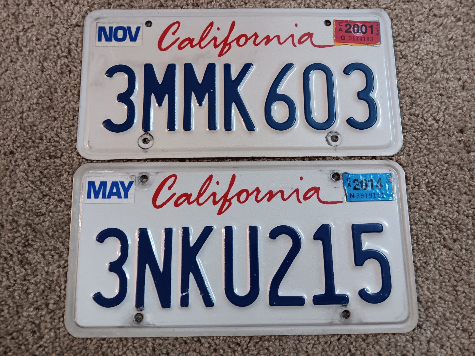 Two California License Plates - 2000s - 3 MMK 603 and 3 NKU 215