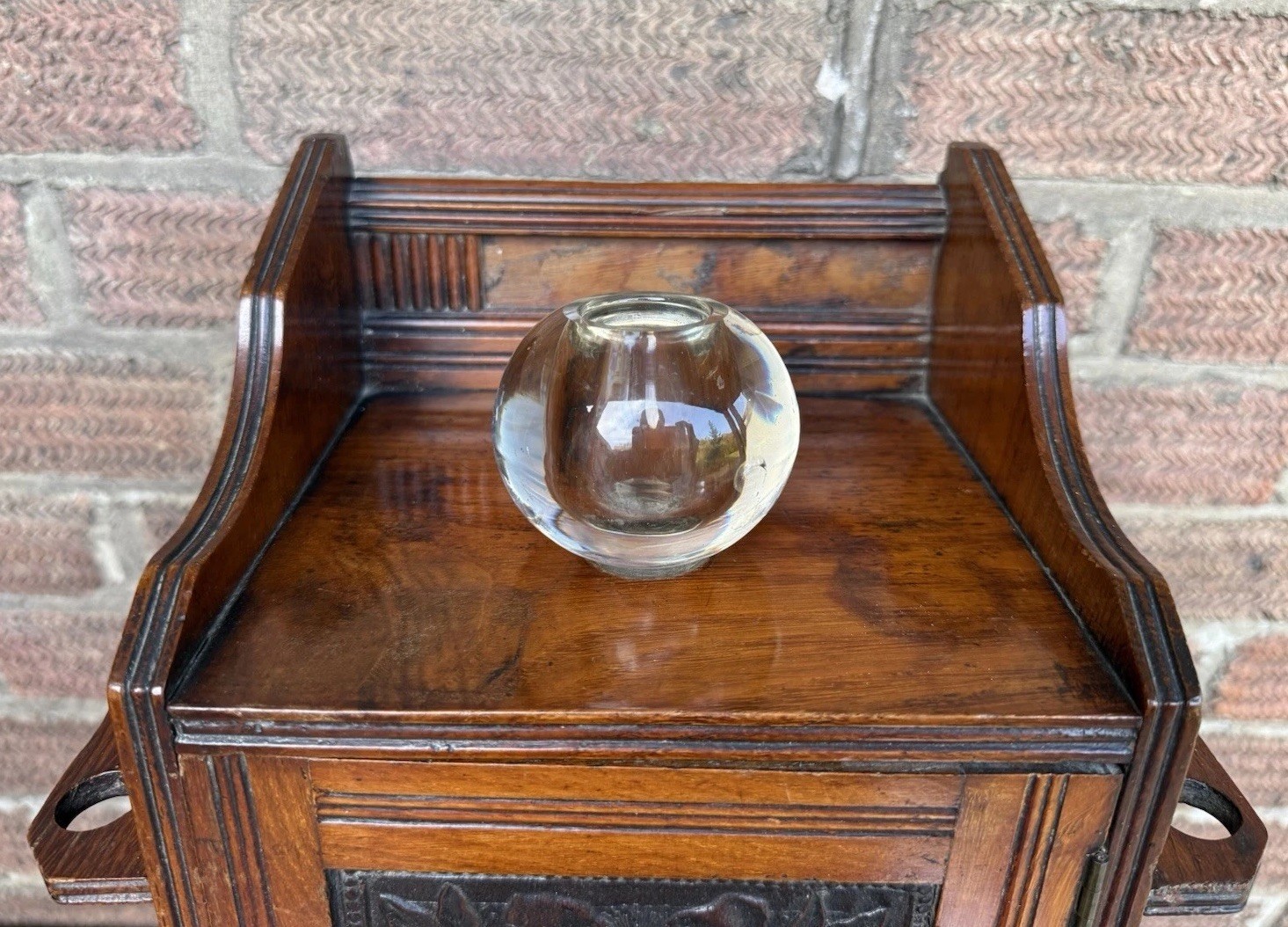 Antique Edwardian Oak Wall Hanging Smokers Cabinet & Original Glass Match Holder