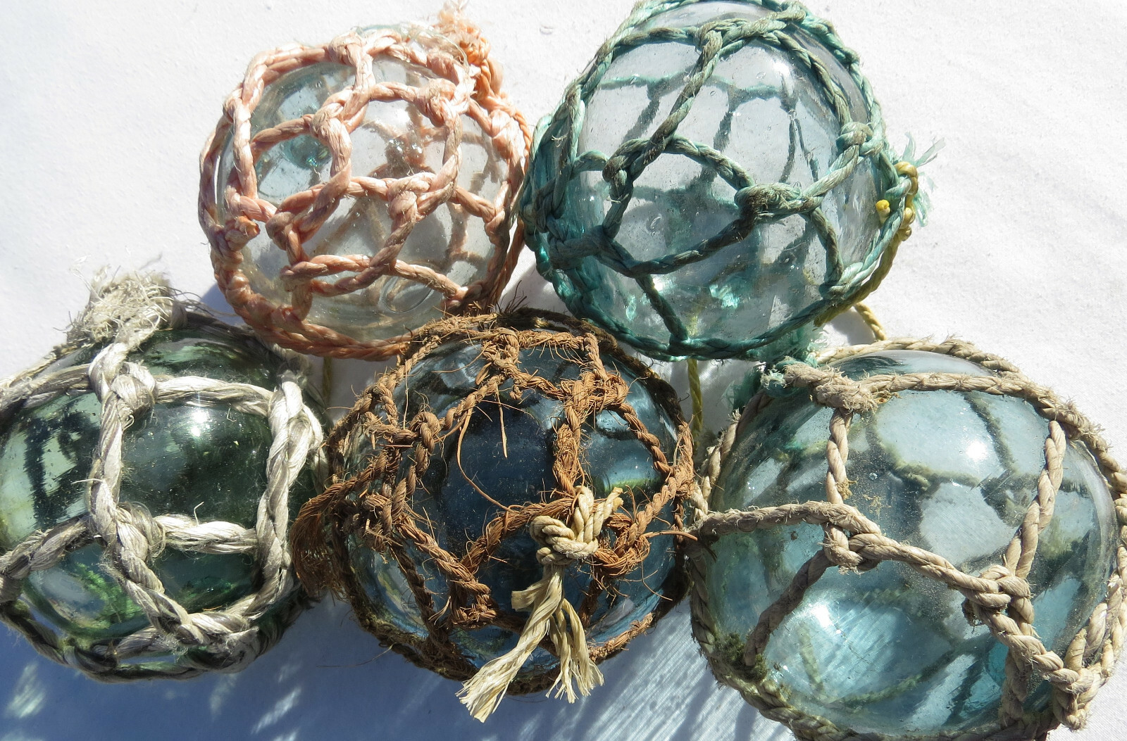 Japanese Glass Fishing FLOATS 3-3.5" Netted (5) FIVE Variable Nets Buoy Vintage