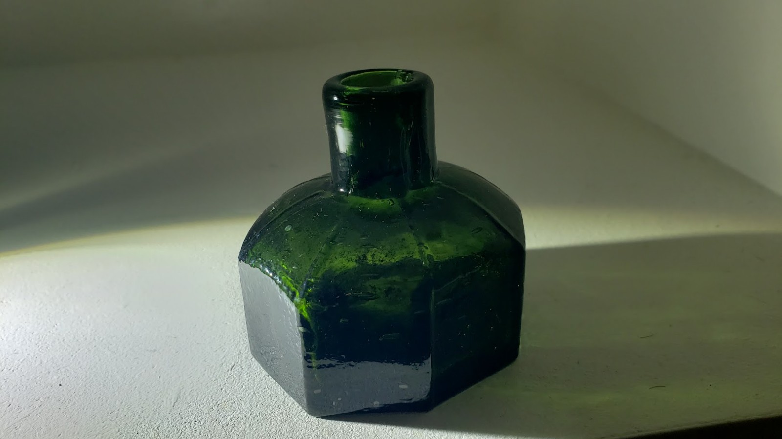 Deep Green Octagonal Ink Bottle Rolled Lip Multi Sided