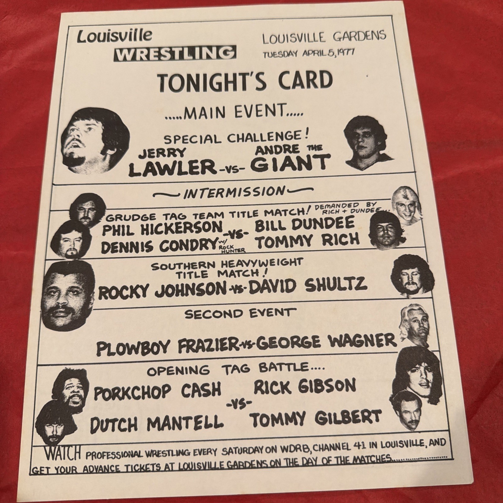 1977 Louisville Wrestling Card Andre The Giant vs Jerry Lawler Louisville Garden
