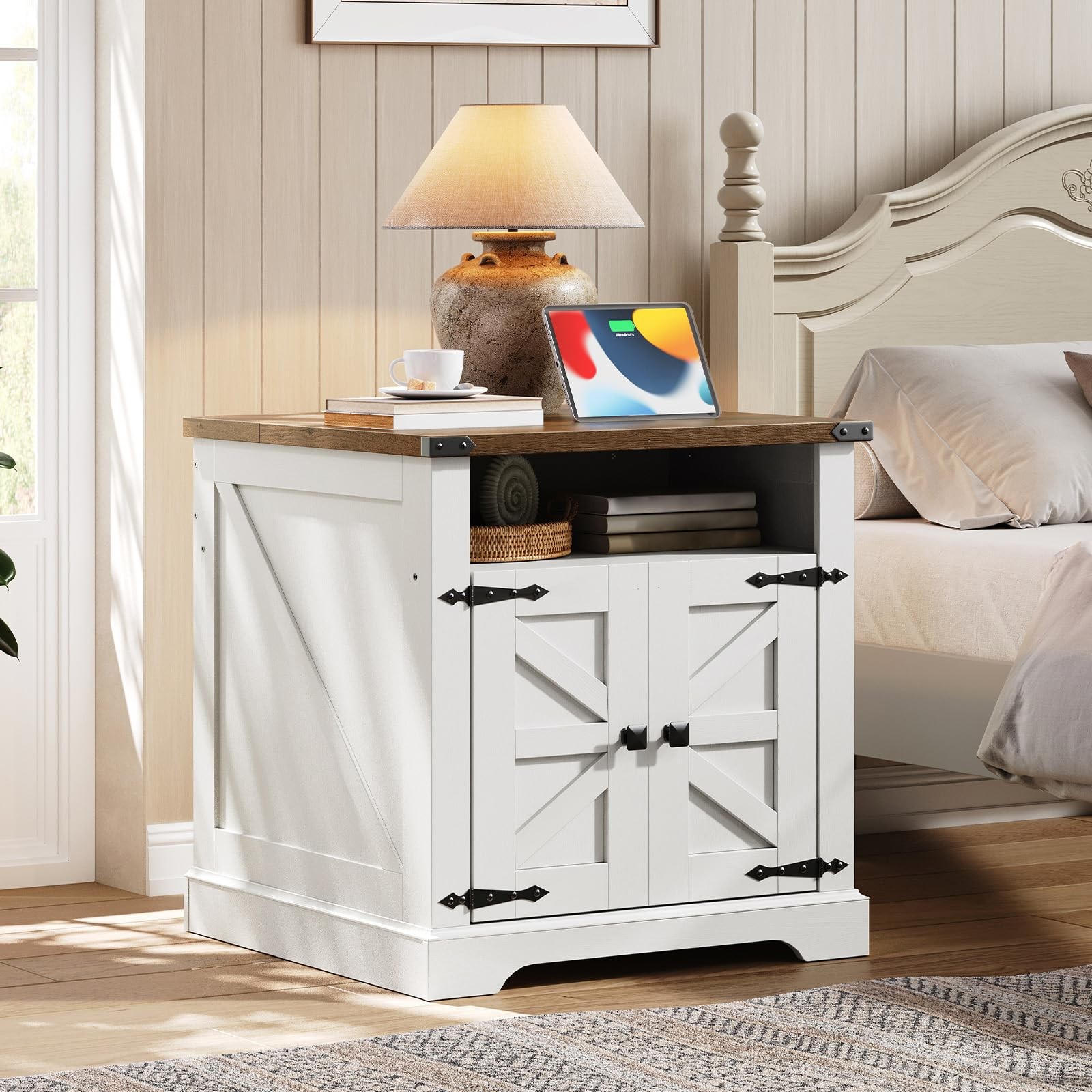 Farmhouse End Table with Charging Station Barn Door Flip Top