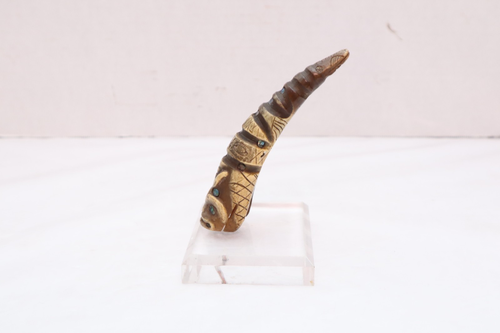 OLD HAIDA-TLINGIT ANTIQUE CEREMONIAL LADLE Horn Spoon Handle Carved Totem Inlaid