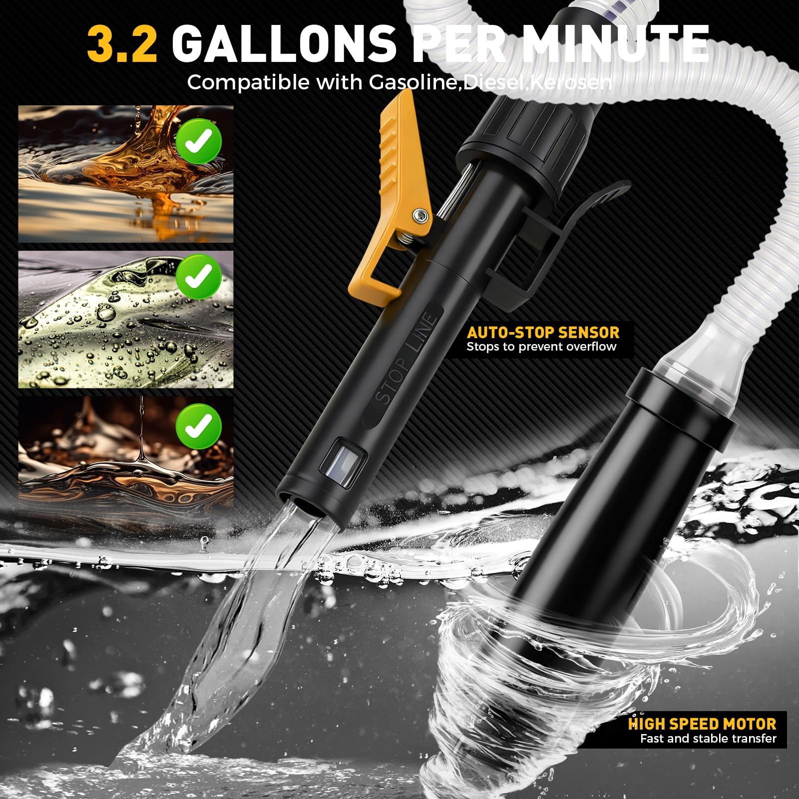 Battery-Powered Fuel Transfer Pump - 3.2 GPM No Spill New Version (Yellow)