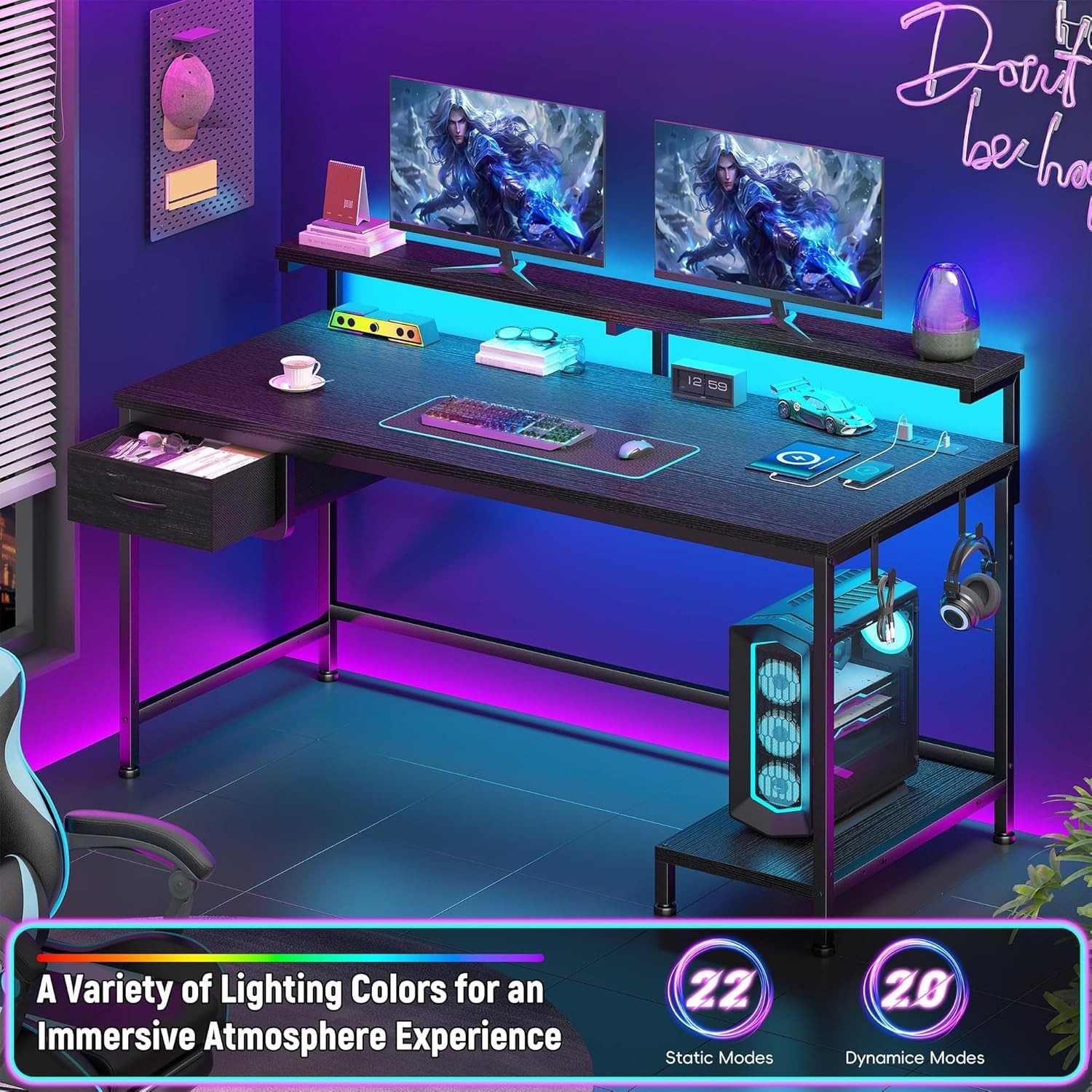 39.3Inch Office Desk with Power Outlet & Drawer, Gaming Desk with CPU Stand& LED