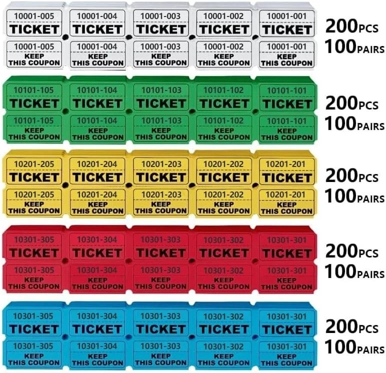 1000 Pcs Raffle Tickets Roll, 50/50 for Small, 5 Colors