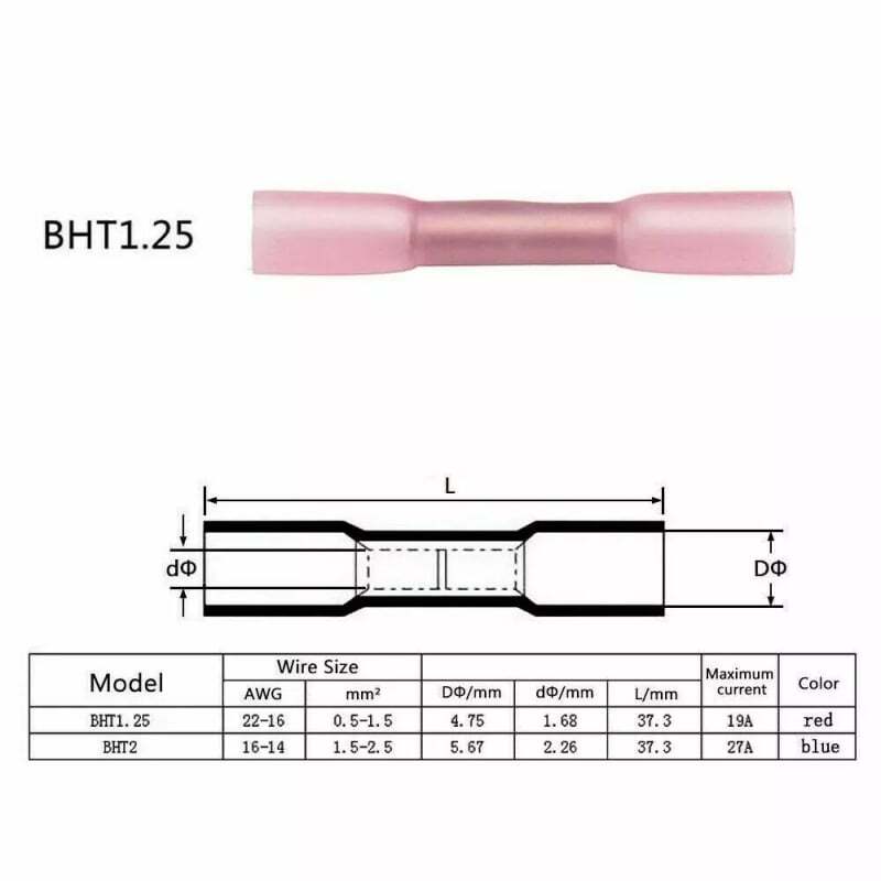 100Pcs 22-16AWG Red Heat Shrink Wire Butt Connectors Waterproof Splice Terminals