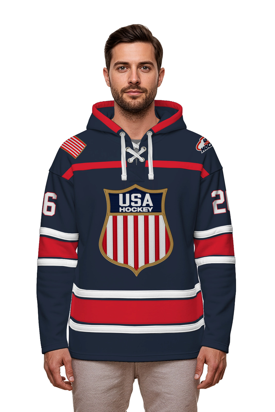 USA Hockey Shield Logo Official Embroidered Navy Lace Hoodie