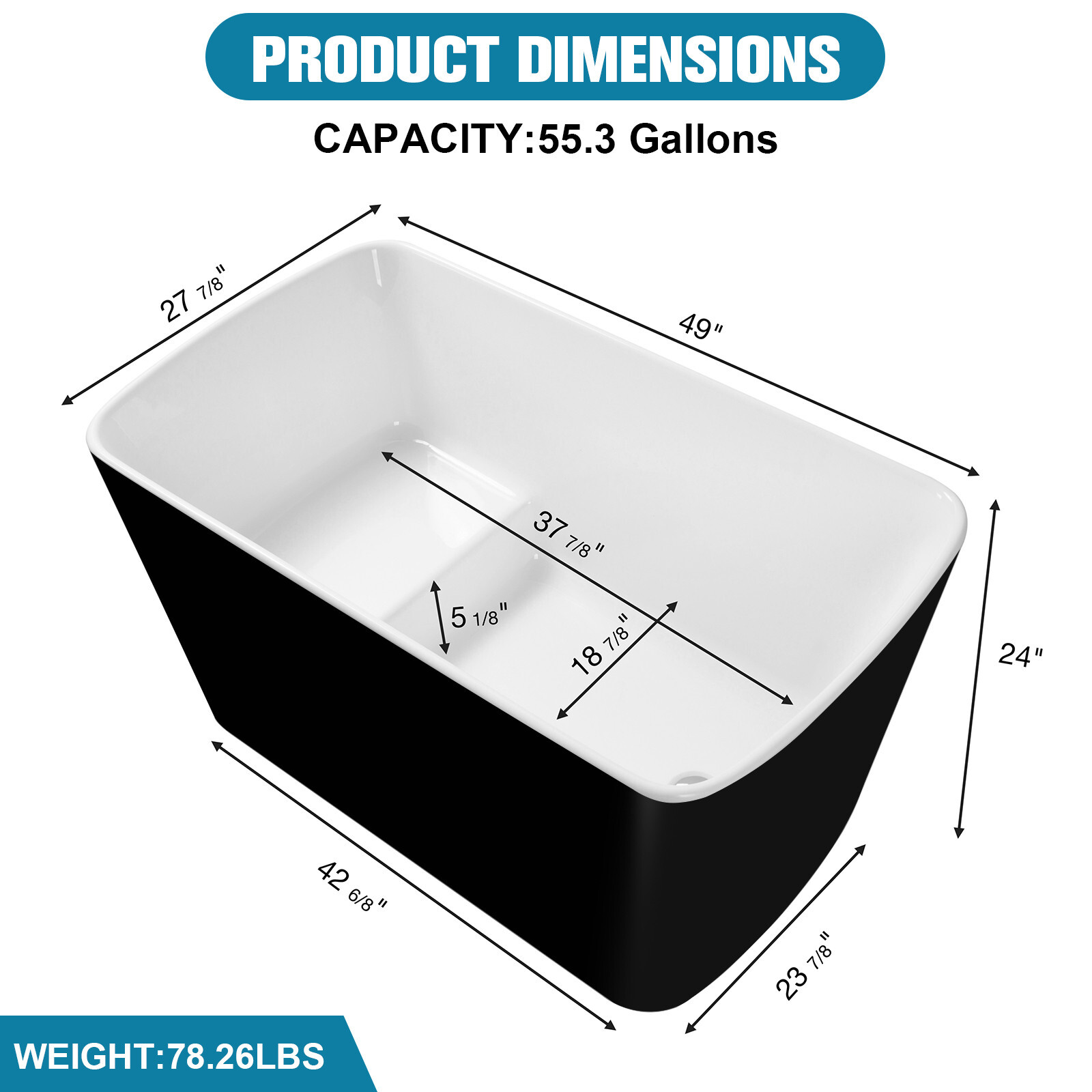 49" Freestanding Bathtub with Integrated Seat, Acrylic Stand Alone Soaking Tub