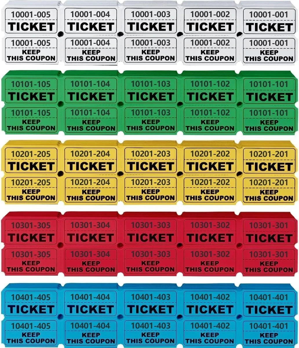 1000 Pcs Raffle Tickets Roll, 50/50 for Small, 5 Colors