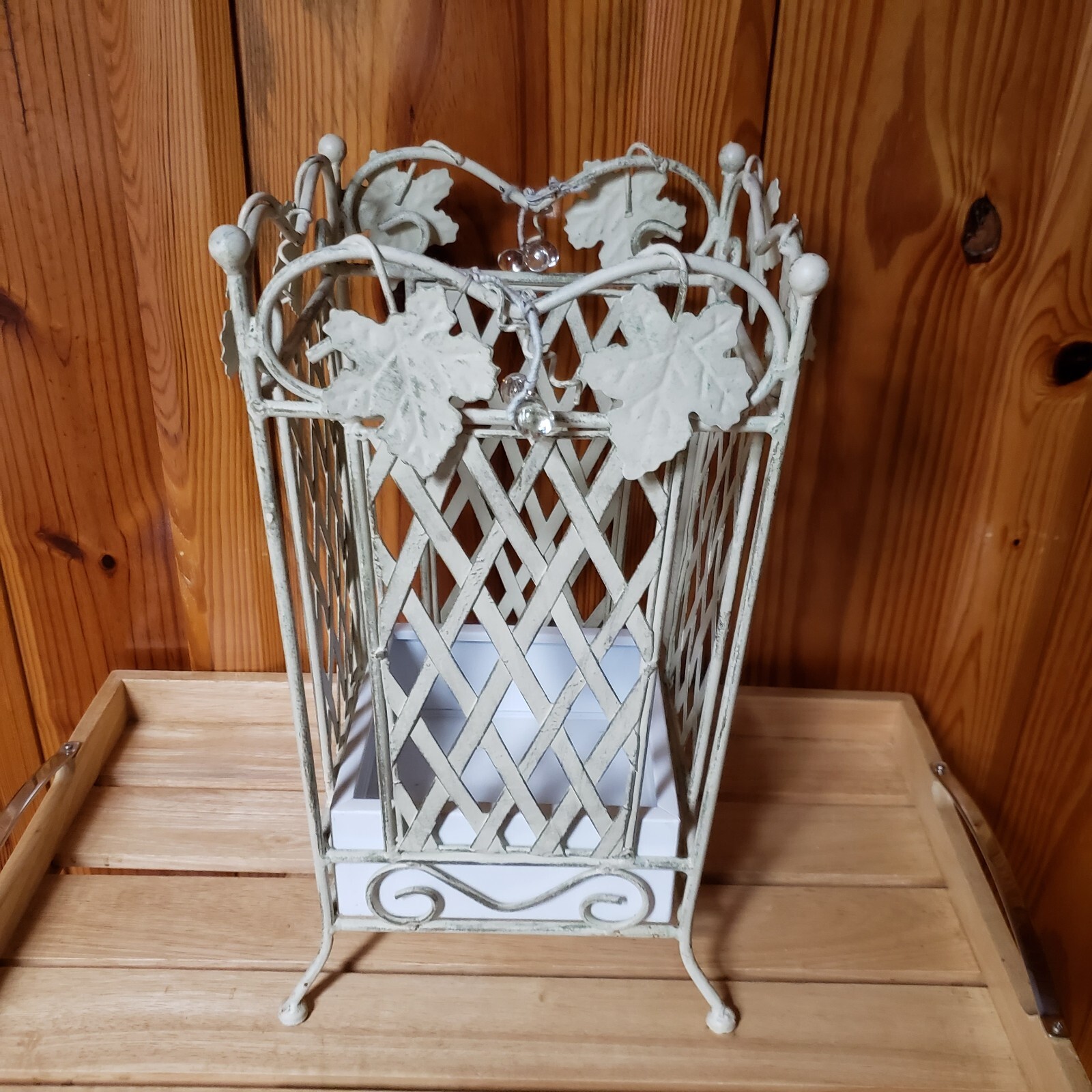 Vtg Umbrella/Walking Stick Cane Holder/Stand Beige Metal Design 16.5" W/Tray