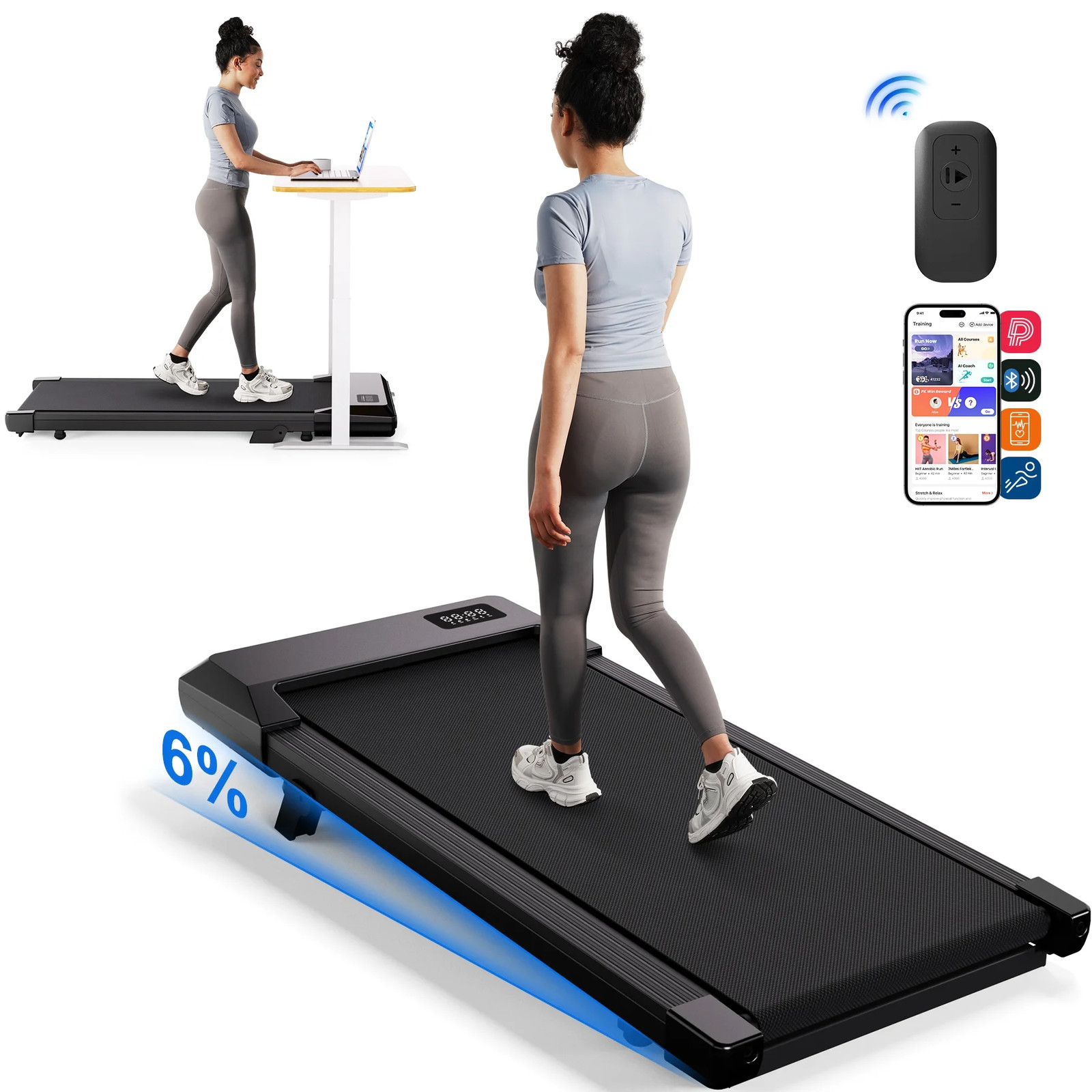 Under-Desk Walking Treadmill, 3.8 MPH, 6% Incline, Quiet Portable, 300 lb