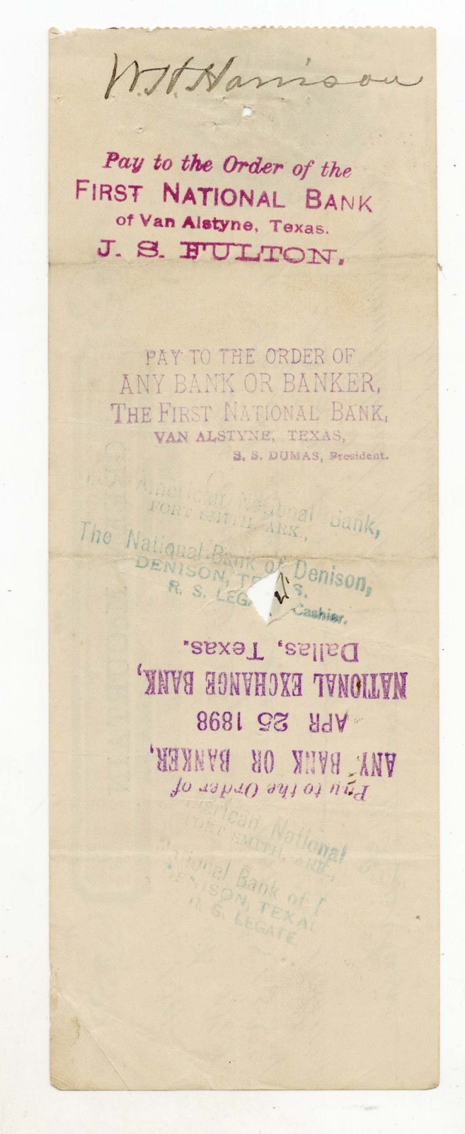 1898 CHECK- SANS BOIS INDIAN TERRITORY GREEN McCURTAIN CHIEF CHOCTAW NATION