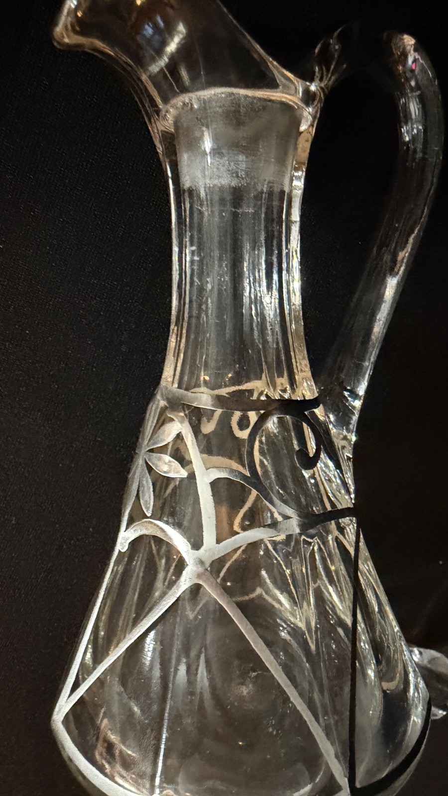 Antique Art Nouveau Sterling Overlay Glass Cruet Bottle w Stopper 6.5"