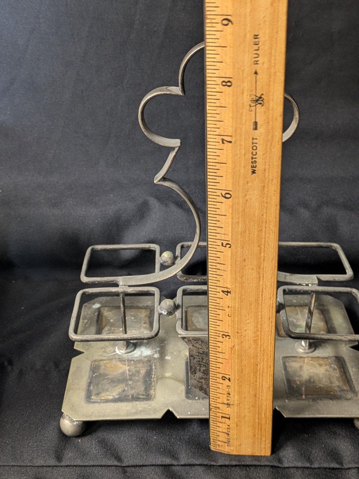 Vintage 6 Bottle Cruet Set with Handles Holder Silver plate Art Deco Condiments