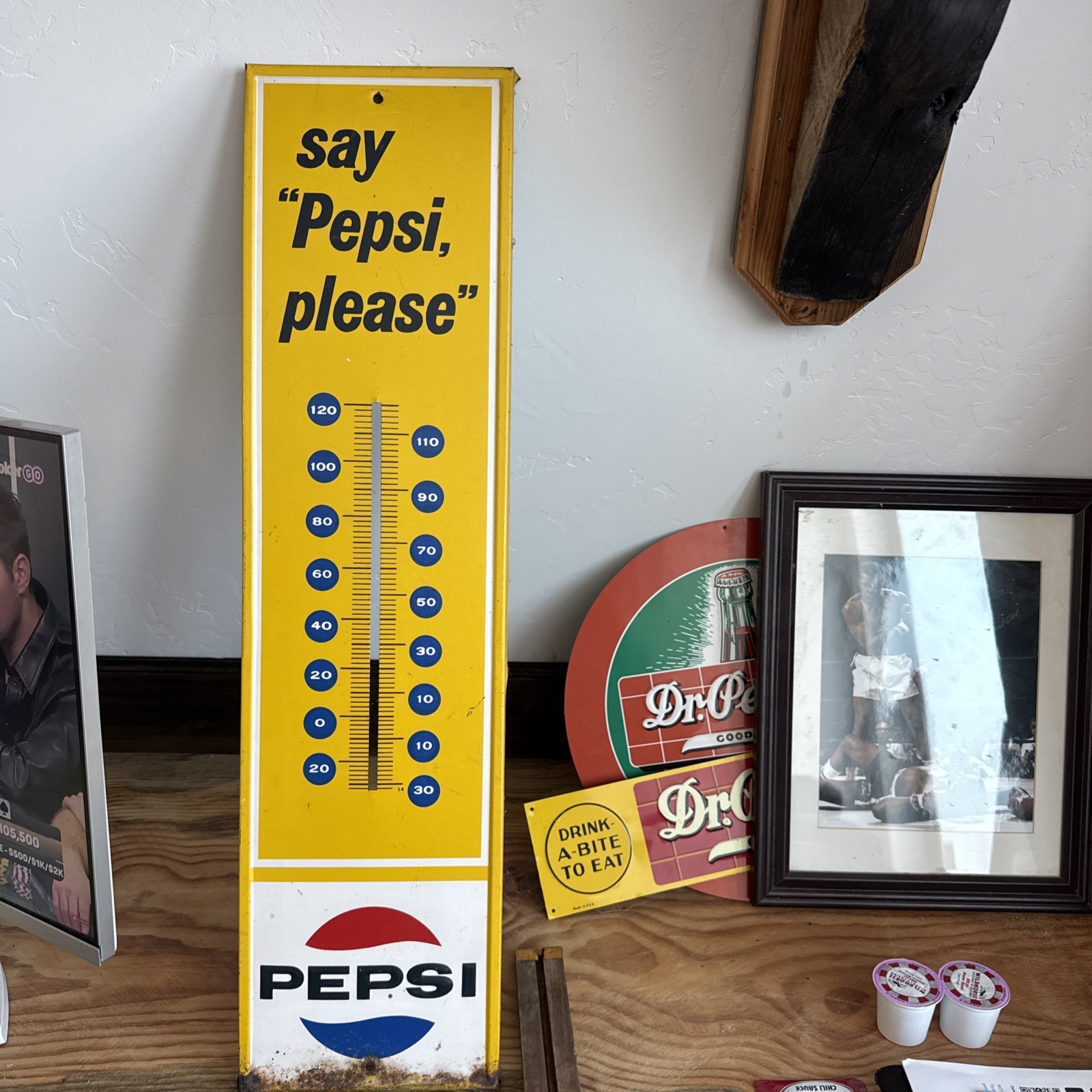Vintage  "Say Pepsi Please" 28" Tall Wall Thermometer Yellow