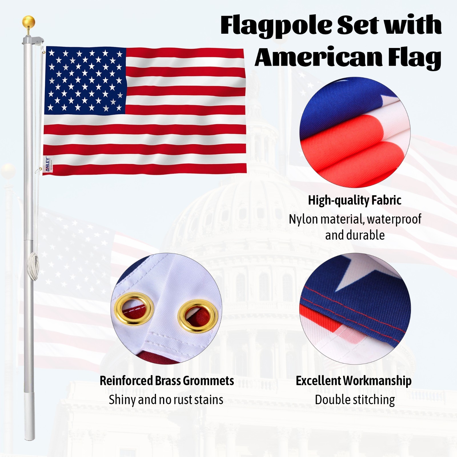 20 ft Aluminum Flag Pole Sectional Flagpole Kit Heavy Duty 3'x5' US Flag, Silver