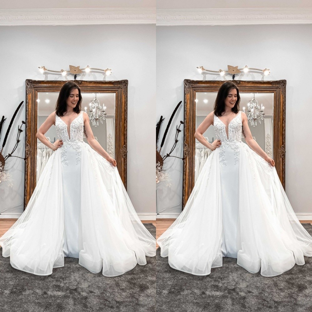 Elegant Mermaid Wedding Dresses With Detachable Train Lace Bridal Gowns