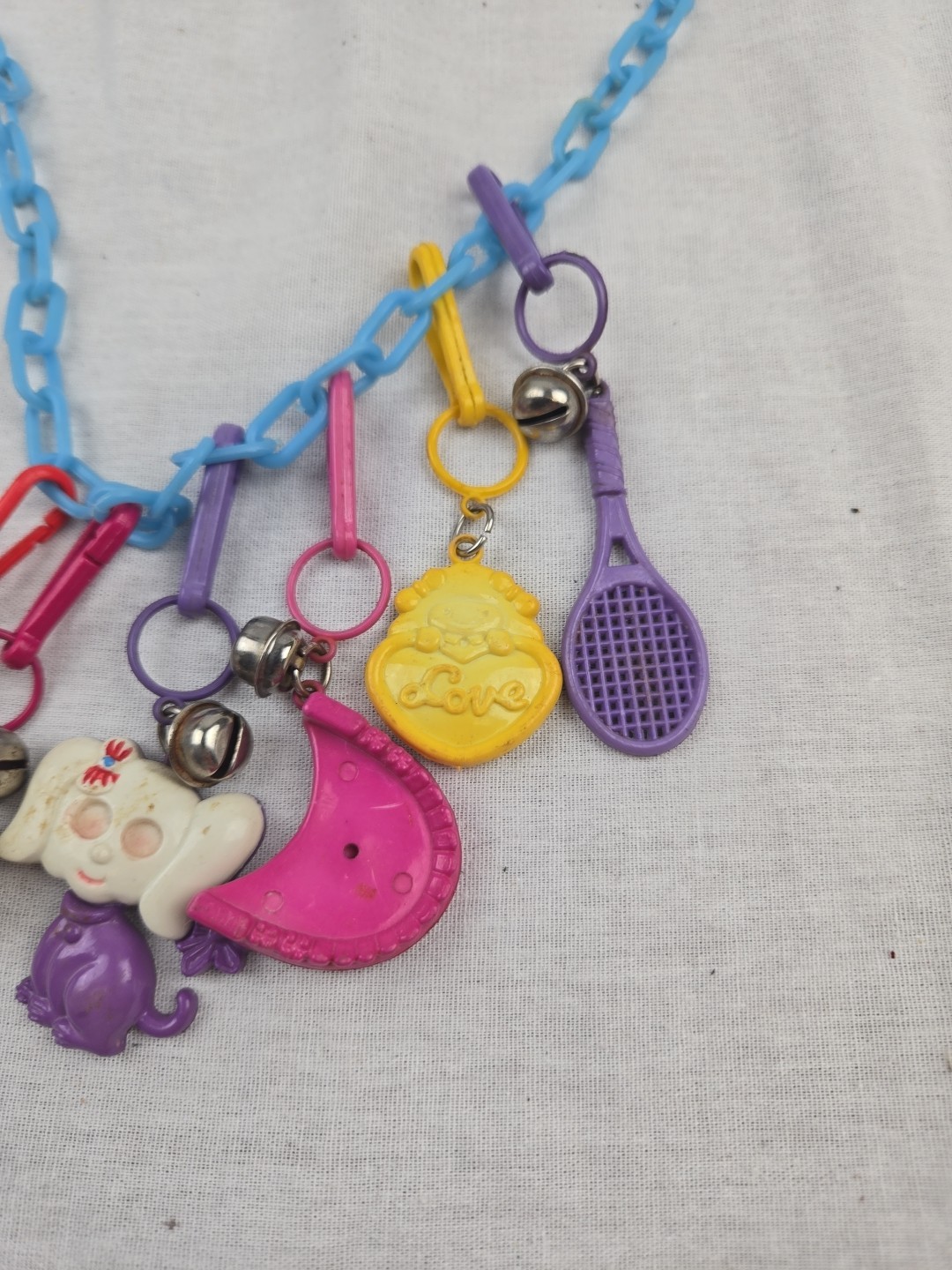 Vintage 80s Plastic Clip On Bell Charm Necklace 5 Charms