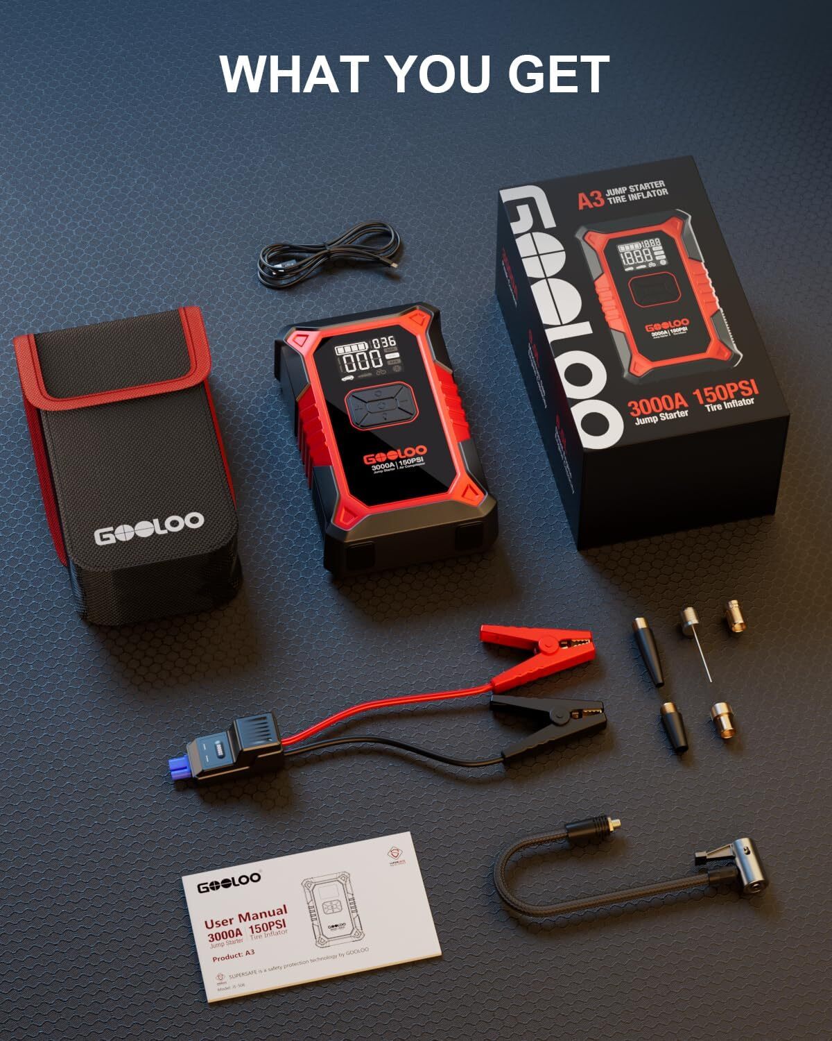 GOOLOO A3 Jump Starter with Air Compressor, 3000A Portable Car Battery Booster
