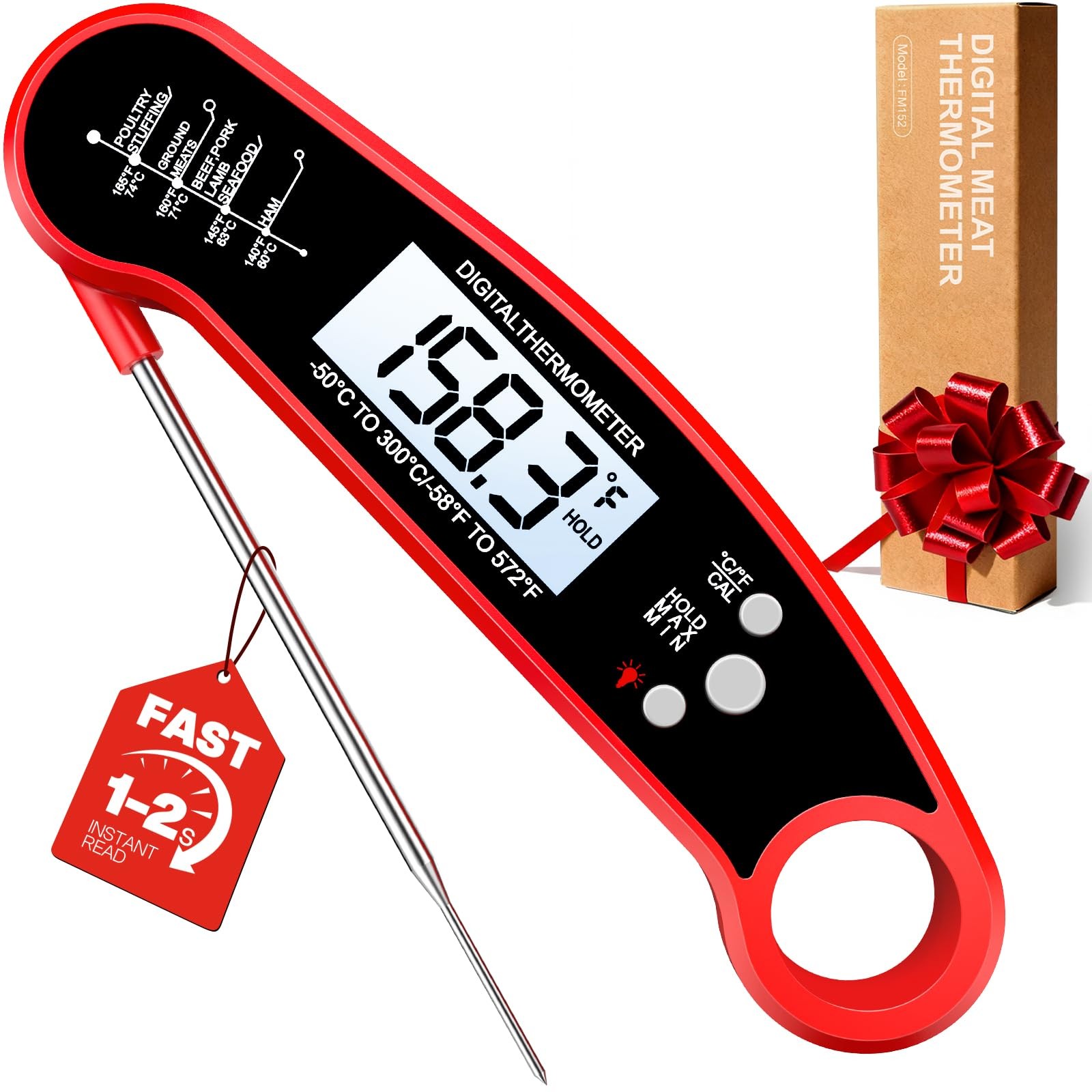 Digital Meat Thermometer Instant Read Food Probe for Cooking Grilling BBQ Red