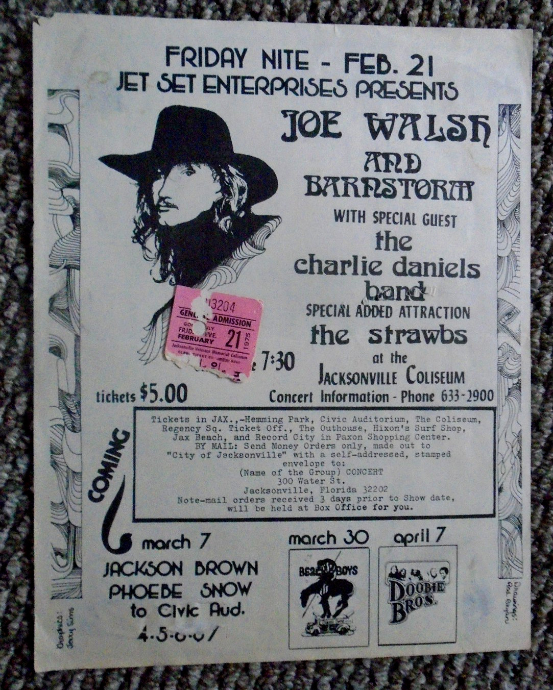 ORIGINAL CONCERT HANDBILL & TICKET-JOE WALSH & BARNSTORM-JACKSONVILLE-2_21_1975+