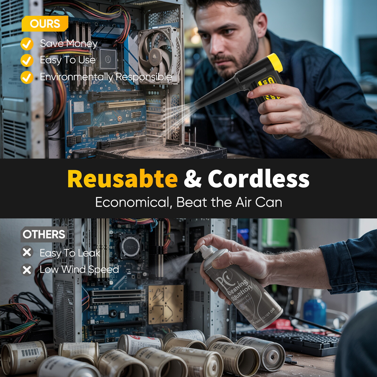 300,000 RPM Compressed Air Duster Rechargeable Electric Air Blower with 8 Speed