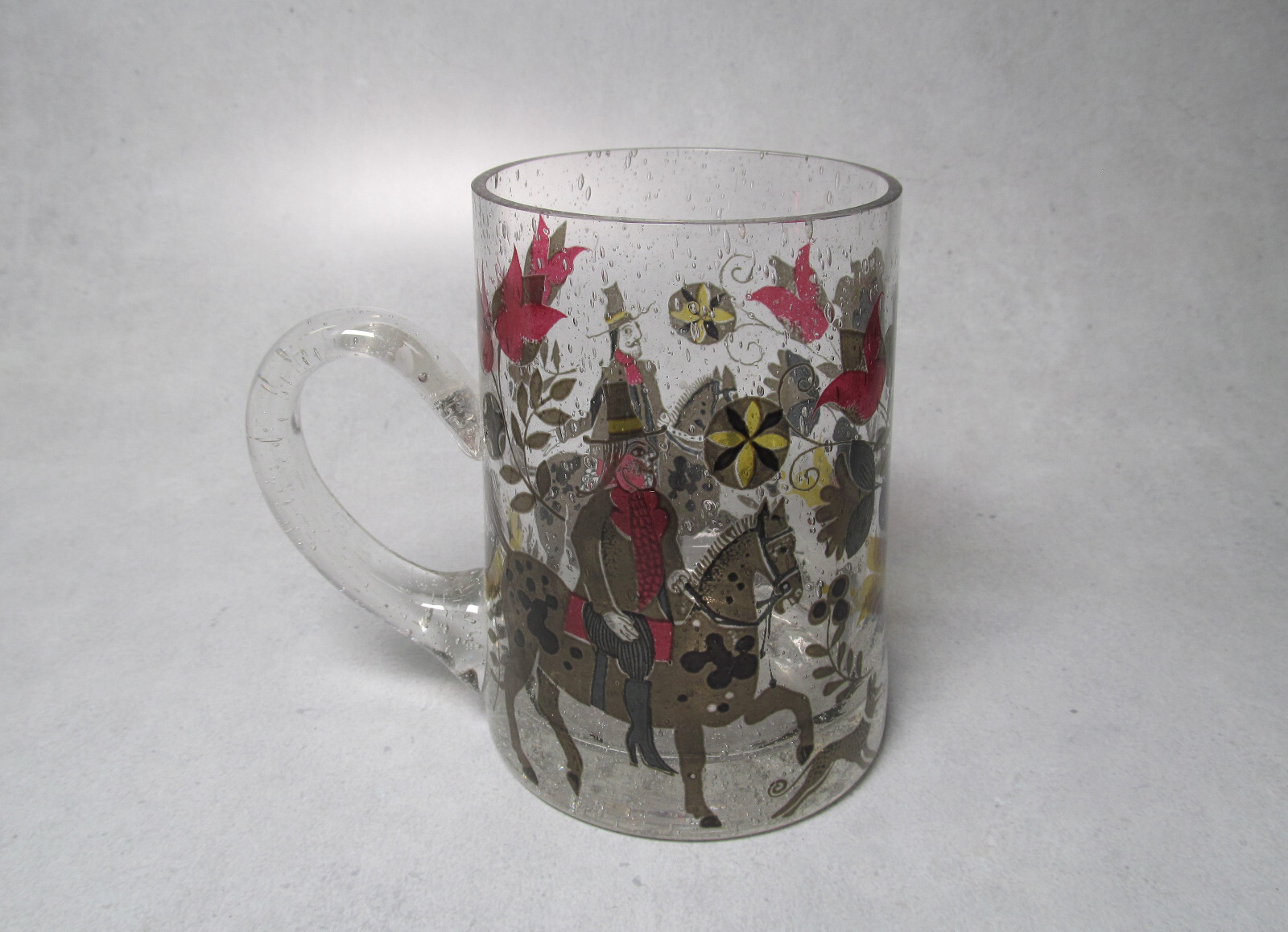 Hand Blown Glass Tankard with Men on Horseback Design Used