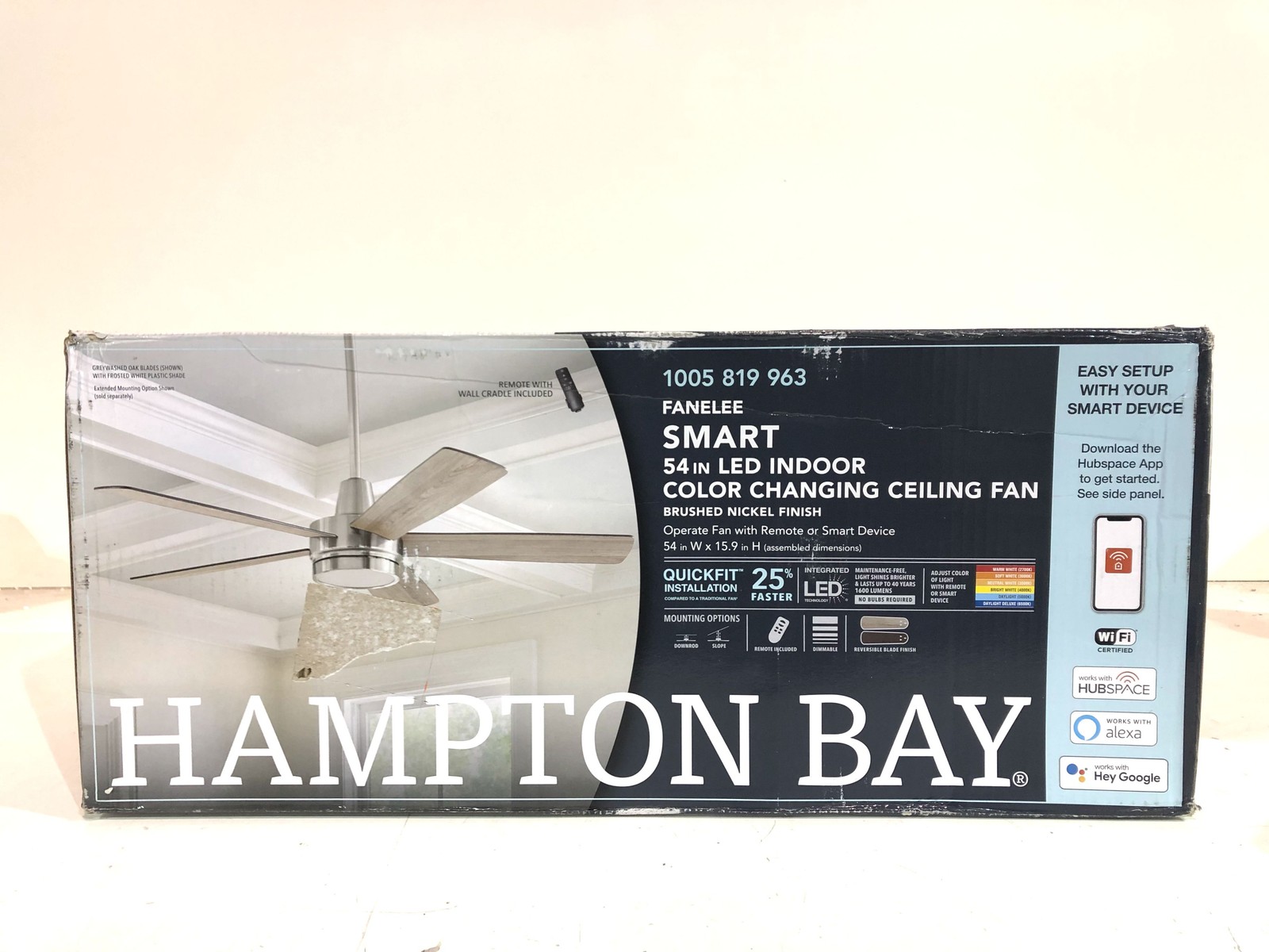 Hampton Bay Fanelee 54 in. LED Brushed Nickel Smart Ceiling Fan New