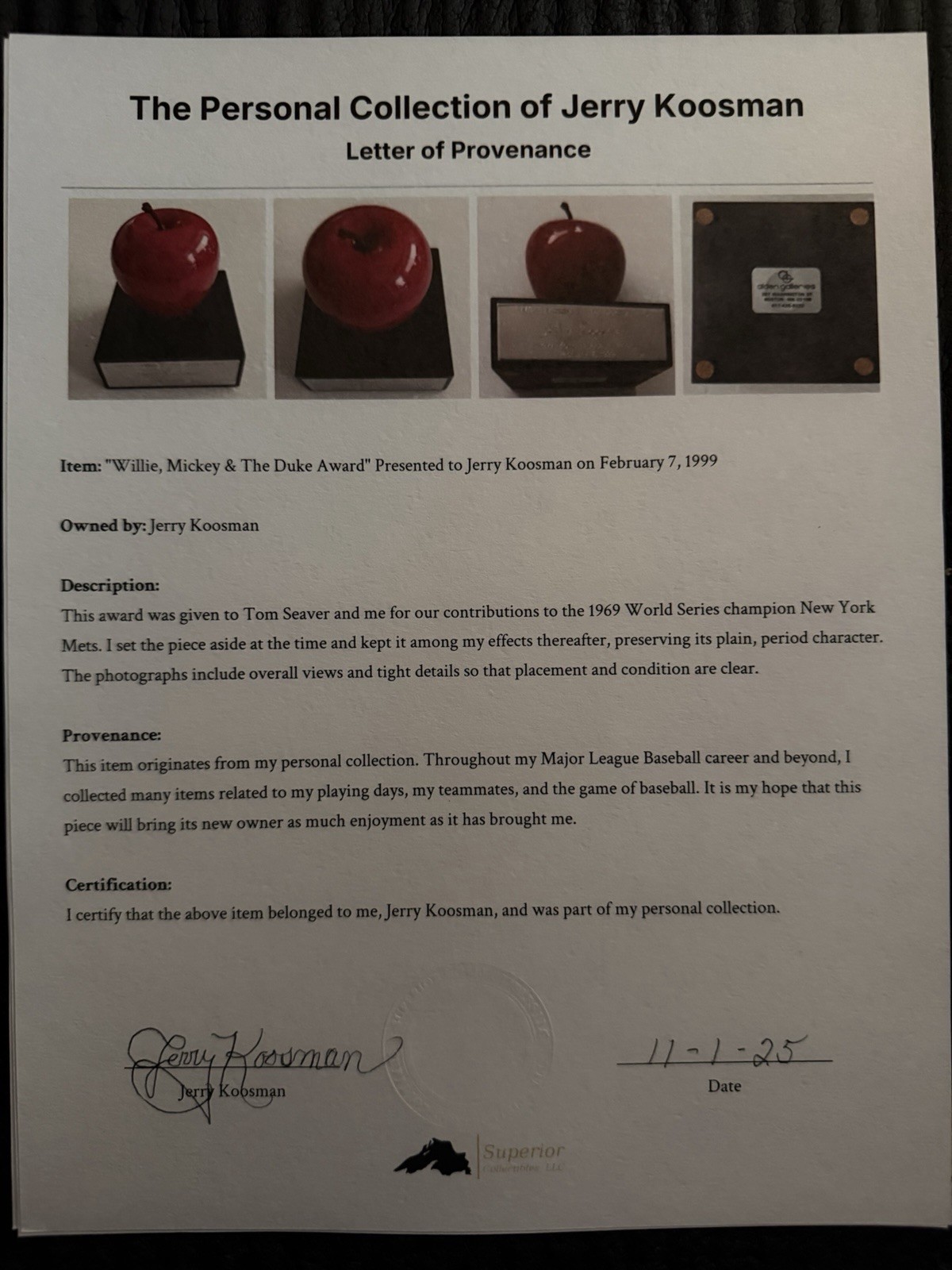 Jerry Koosman Personal Collection: Willie, Mickey & The Duke Award w/ Signed LOP