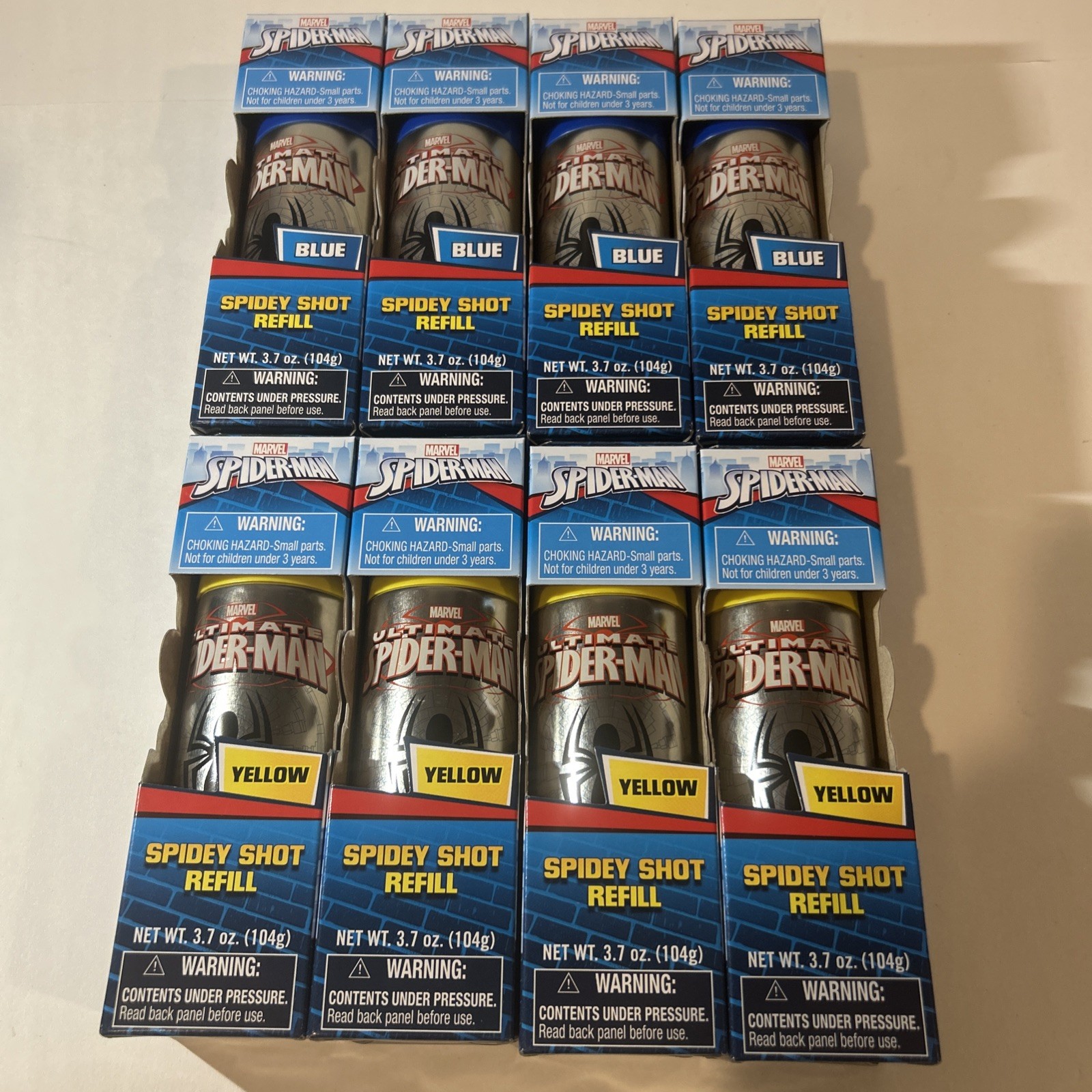 8-Ultimate Spiderman Shot Web Fluid Refill-4Yellow/ 4 Blue -New!!!