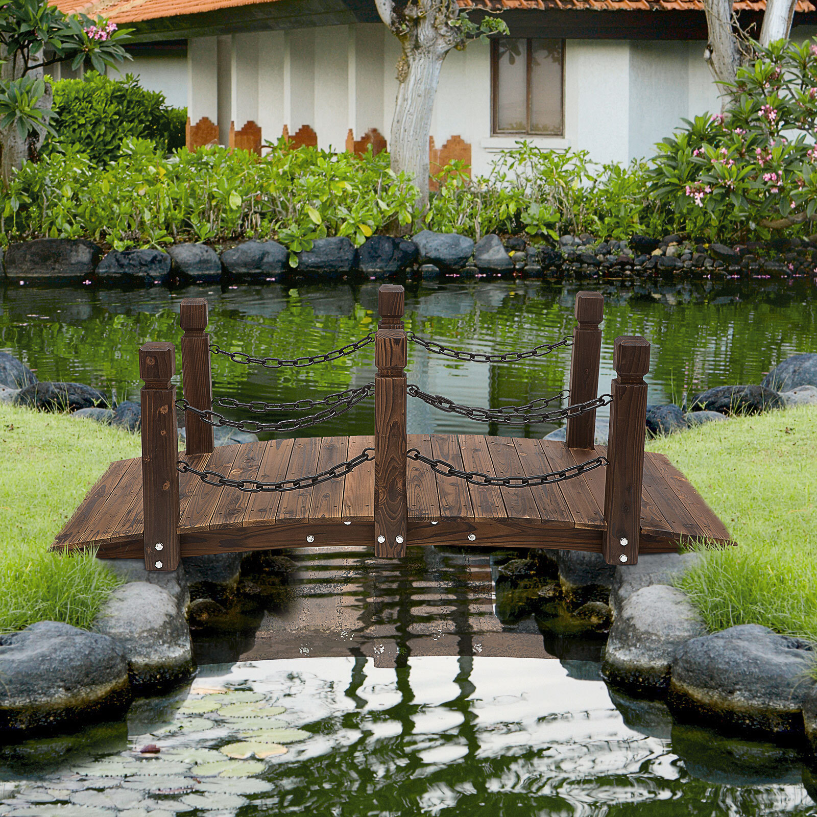 Wooden Garden Bridge Arc Stained Finish Walkway with Metal Chain Railings